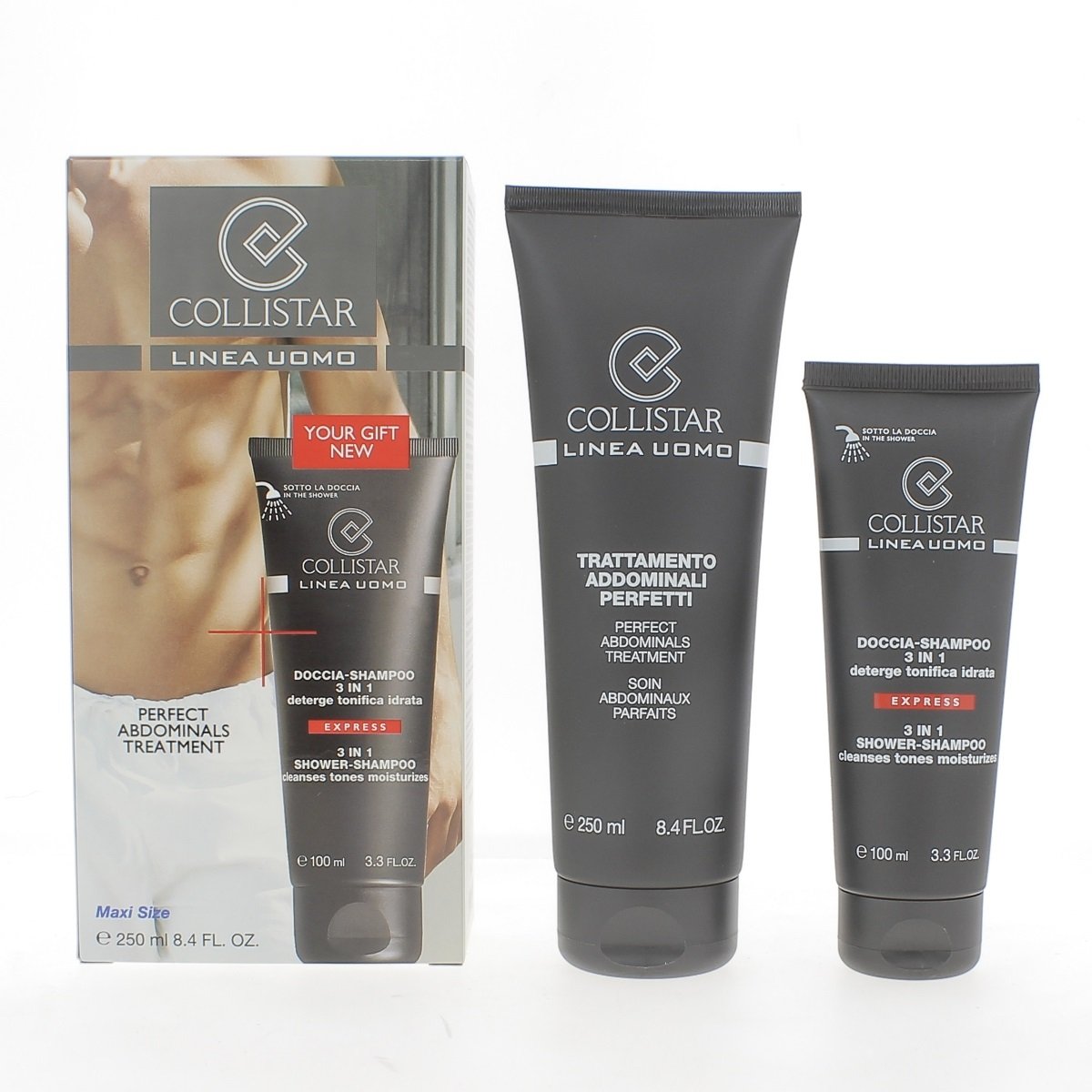 Gift Set Uomo: Trattamento Addominali Perfetti 250 ml + Doccia-Shampoo 3in1 Express da 100 ml Uomo