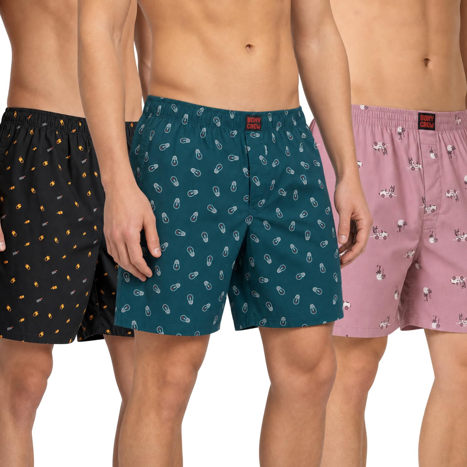 Men's 100% Cotton Printed Boxer Shorts Pack of 3 with Dual Side Pockets and Fabric-Covered Waistband - Black/Teal/Pink, Styles MBX016, MBX027, MBX028-image-24