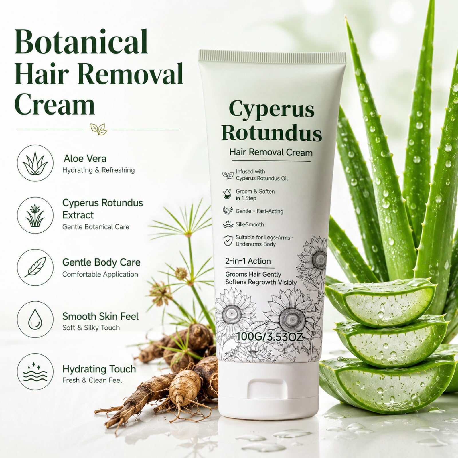 Cyperus Rotundus - Crema depilatoria a base di erbe, crema depilatoria naturale delicata per corpo e zona bikini con raschietto, 2 in 1 (5 pezzi)