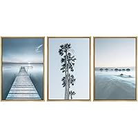 SIGNWIN Framed Canvas Print Wall Art Trio of Duotone Beach Scenes Nature Wilderness Illustrations Modern Art Nautical Scenic Dramatic Blue Dark for Living Room, Bedroom, Office - 16
