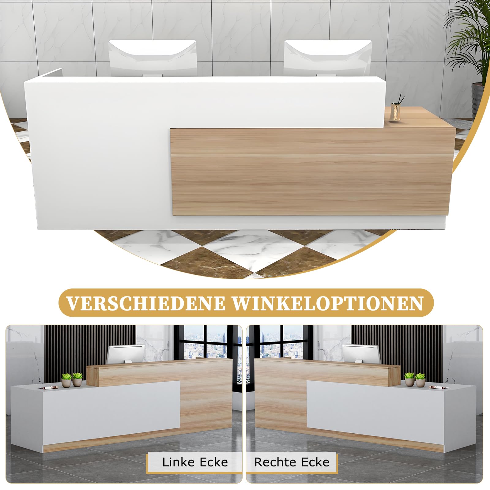 Empfangstheke mit Stauraum und offenen Fächern, Empfangstresen für Empfang, 100–240 cm Tresen für Geschäft, Salon, Studio, Empfangsbereich & Kasse