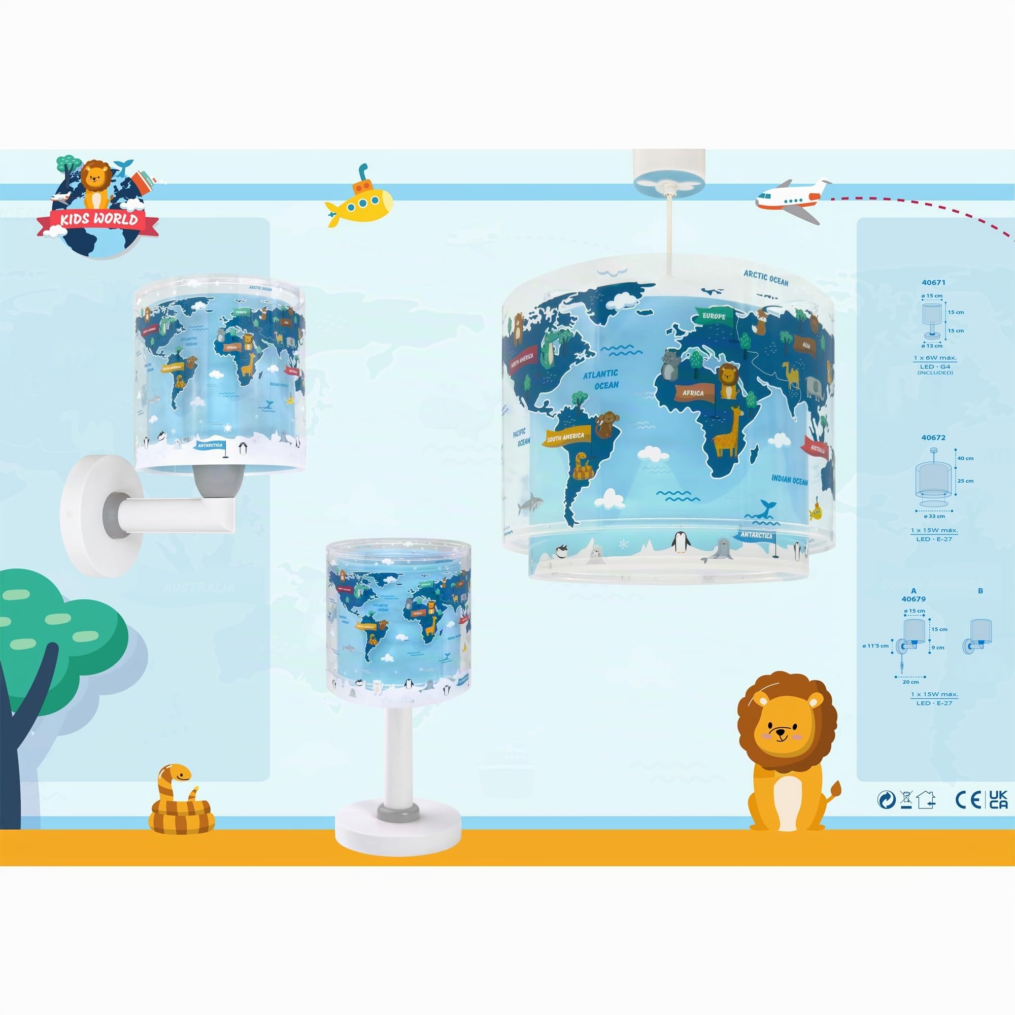Dalber Lustre Chambre Lampe Suspension Enfand Kids World Carte Monde Planète, 40672, E27, Bleu