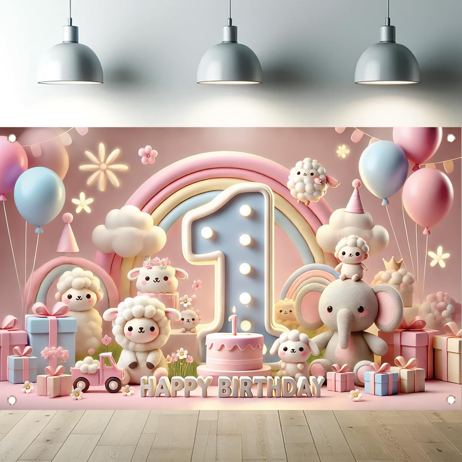 Starlit Patio 1st Birthday Banner Backdrop Pastel Baby Party Decorations First Birthday Banner Backdrop Cute Lamb Elephant Rainbow Balloons Gift Cake