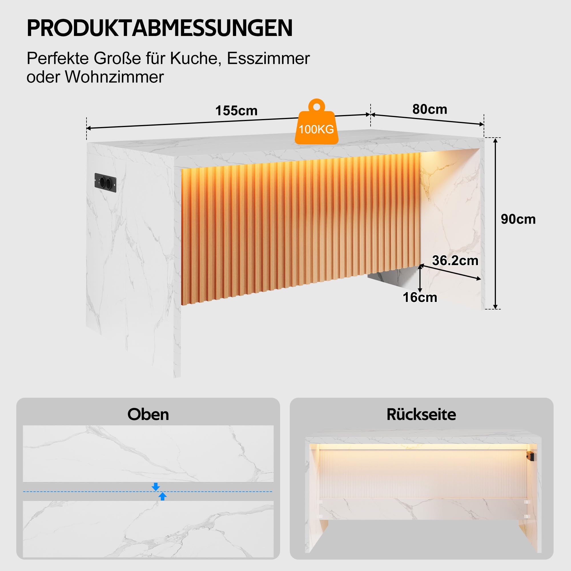 Merax Isola da cucina autoportante con piano di lavoro frontale in marmo da 40 mm, isola da cucina con LED, presa 2 prese, 2 USB, moderno tavolo da bar per cucina, sala da pranzo, 155 x 80 x 90 cm