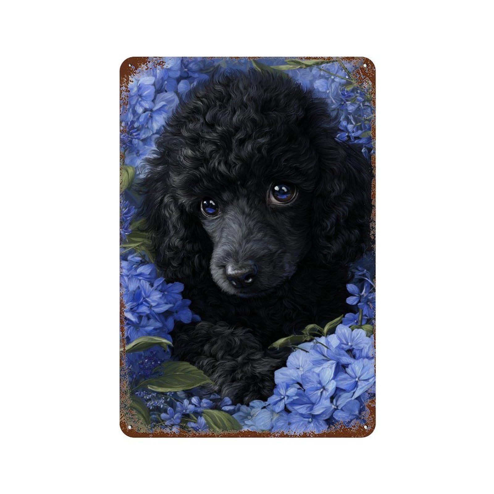 Black Poodle in Blue Flowers Retro Metal Sign 11.8"x7.9", Ideal for Basement, Hobby Room And Garage Decor