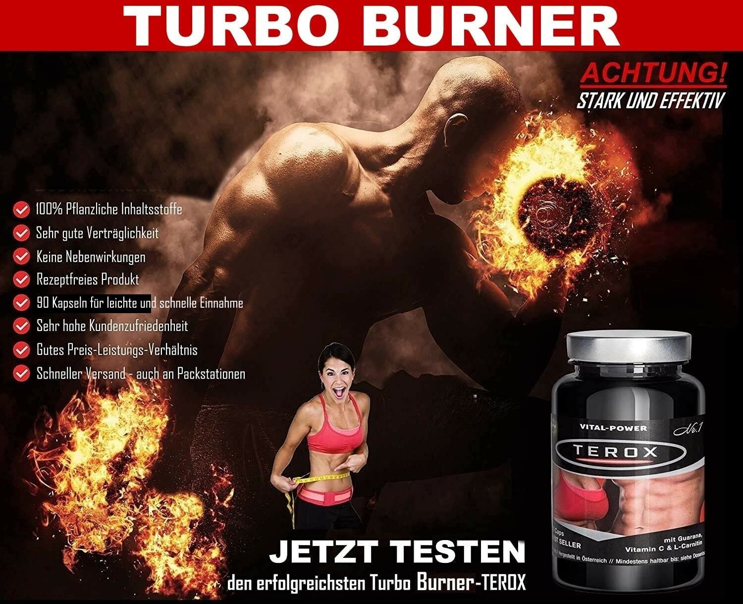 B.P.V - Terox 180 Kapseln Turbo TF-burner. Mit Guarana-Extrakt, Vitamin C, Bitterorangen-Extrakt, L-Carnitin, Grüner Tee-Extrakt