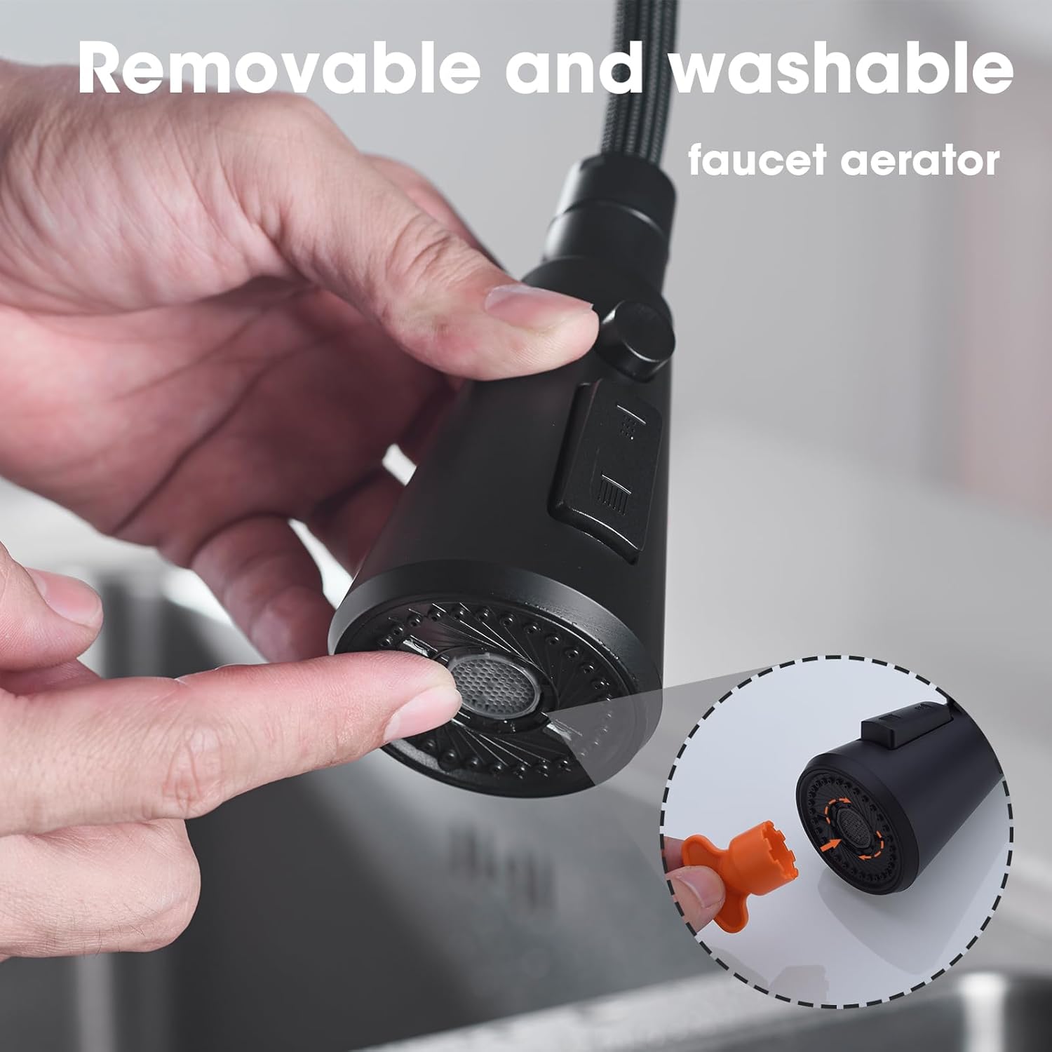 Pull Down Kitchen Faucet Sprayer Head Replacement, 3 Mode Kitchen Tap Spray Spout Part Connector, Matte Black Pull Out Sink Spray Nozzle with 9 Adapters