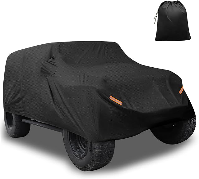 Motoforti Couverture de voiture pour Jeep Wrangler JK JL 4 Porte 2007-2021 Outdoor Waterproof Sun Rain Dust Wind Snow Protection avec fermeture à glissière de porte de pilote noir longue durée