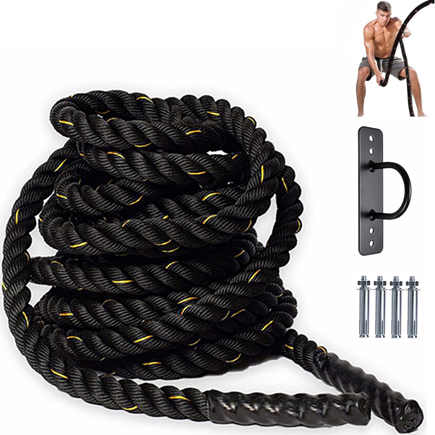 Battle Rope 9M Length 38MM Diameter, Polyester Workout Rope, Heavy Ropes for Home Gym and Workout, Yellow