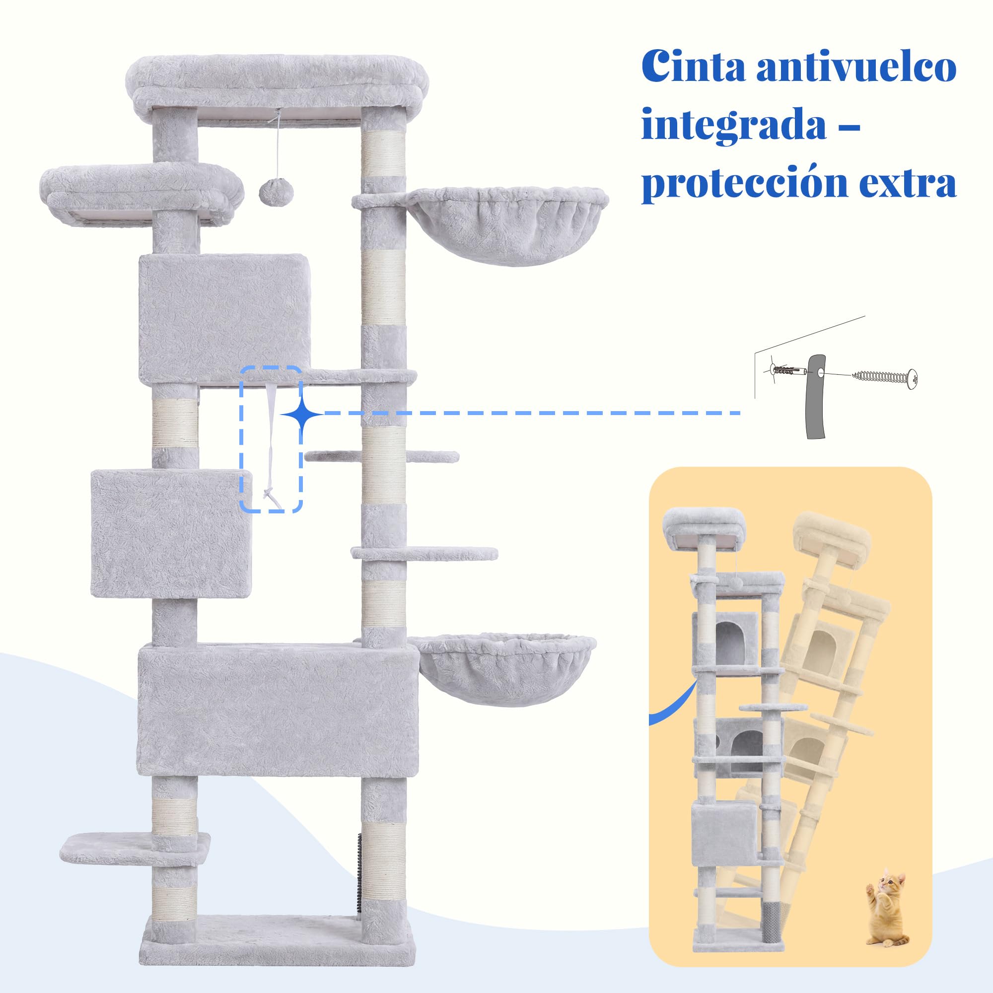 Hey-brother Árbol para Gatos Rascador XXL, Torre de Gatos Multi - Nivel de 188 cm de Altura,con 2 Grandes Plataformas, 3 Cuevas y 2 Cestas, Gris Claro 0EMPJ035-MW