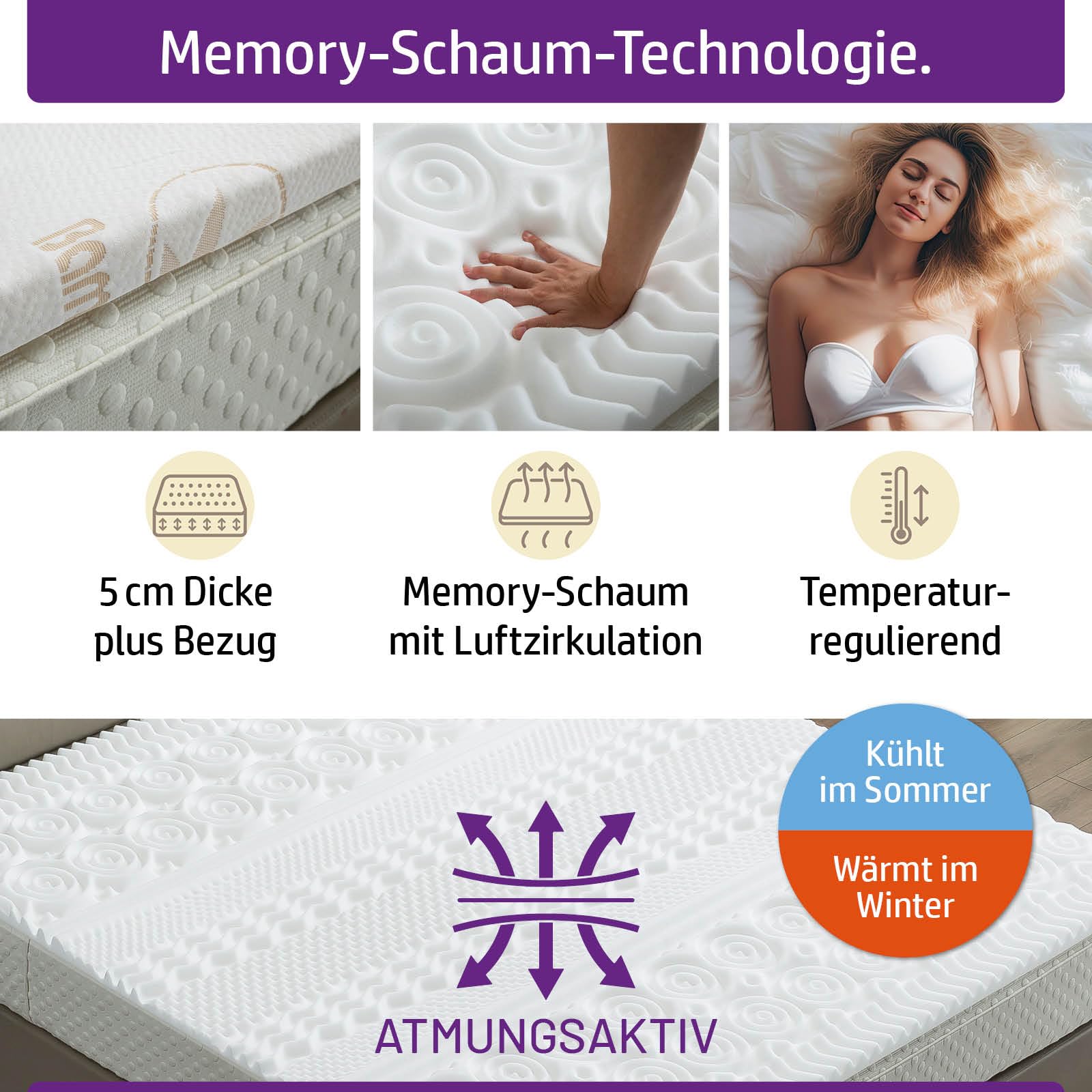 Matratzen Topper memory foam inkl. Bezug | 7 Größen | 80x200cm - 180x200cm | 5cm dicker Memory-Schaum | orthopädisch wasserdicht temperaturregulierend Maschinenwaschbar | Öko-Tex | 180x200cm