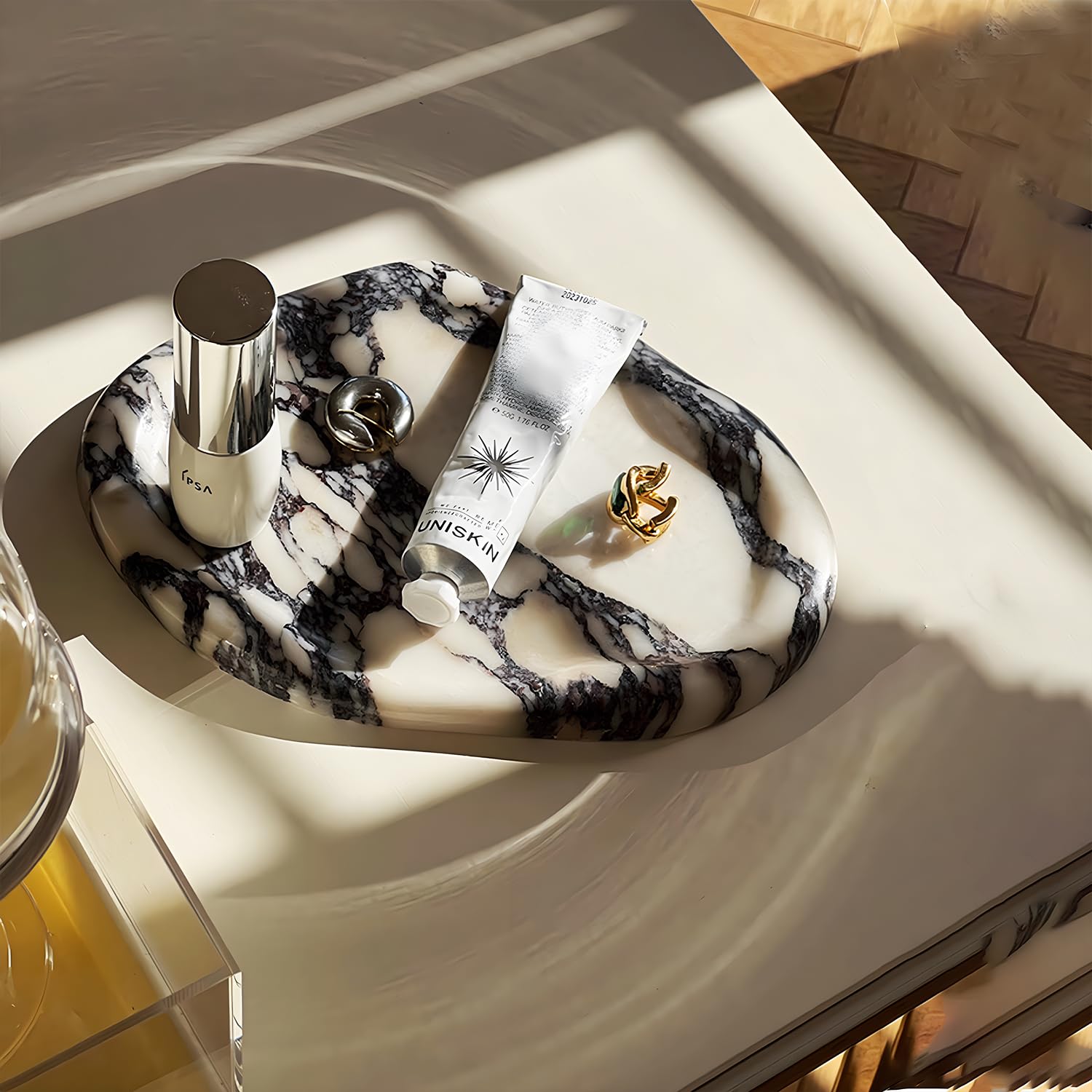 Artisanal Abode Real Luxurious Natural Marble Vanity Tray Genuine Marble Stone Storage Tray for Home Decor Bathroom/Kitchen/Vanity/Dresser Non-Resin Irregular Shape