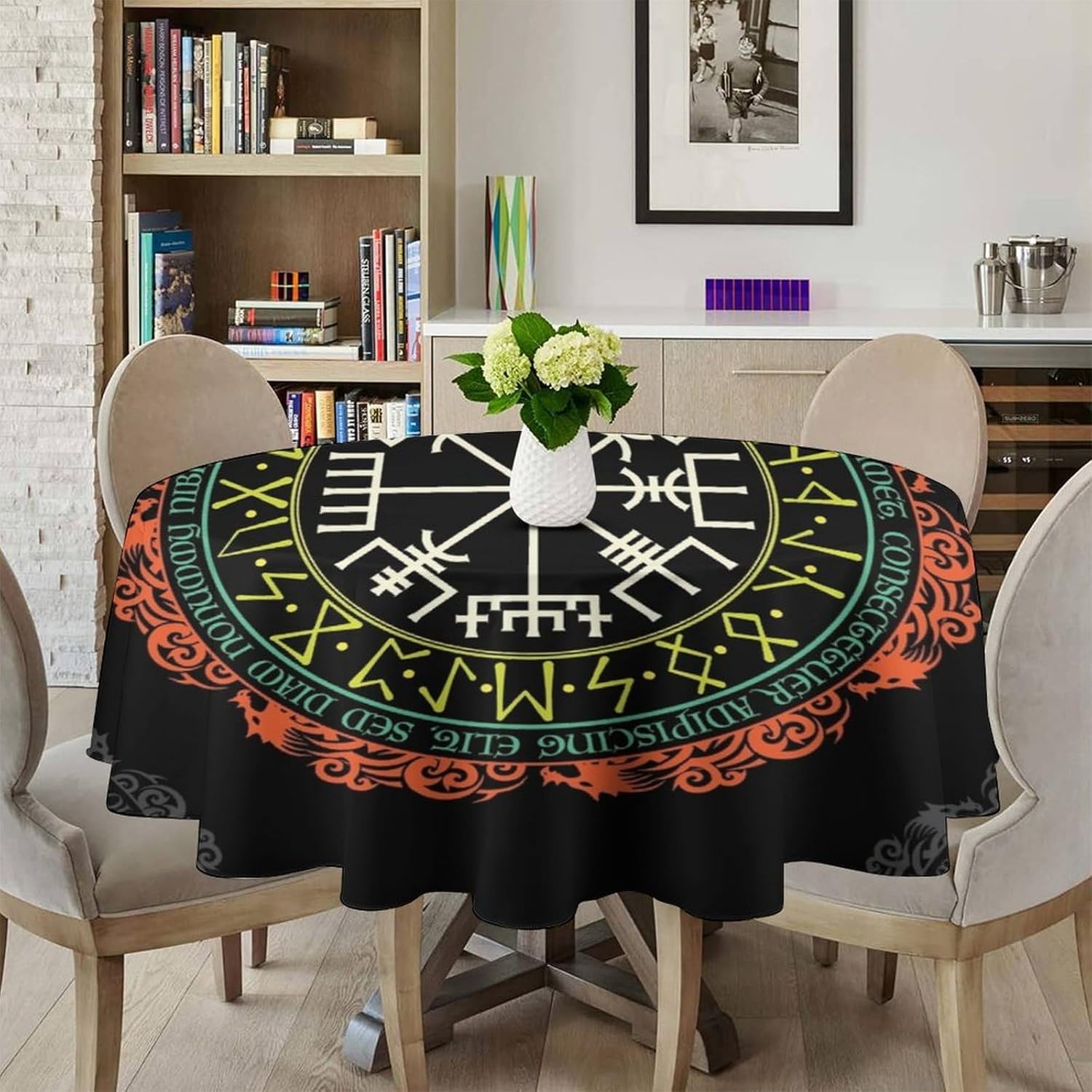 Vintage Viking Pattern Round Tablecloth, Viking Ancient Runic Helmet of Awe Seasonal Table Cloth Waterproof Wipeable Table Cover for Picnic Holiday Party Kitchen Dining 60"