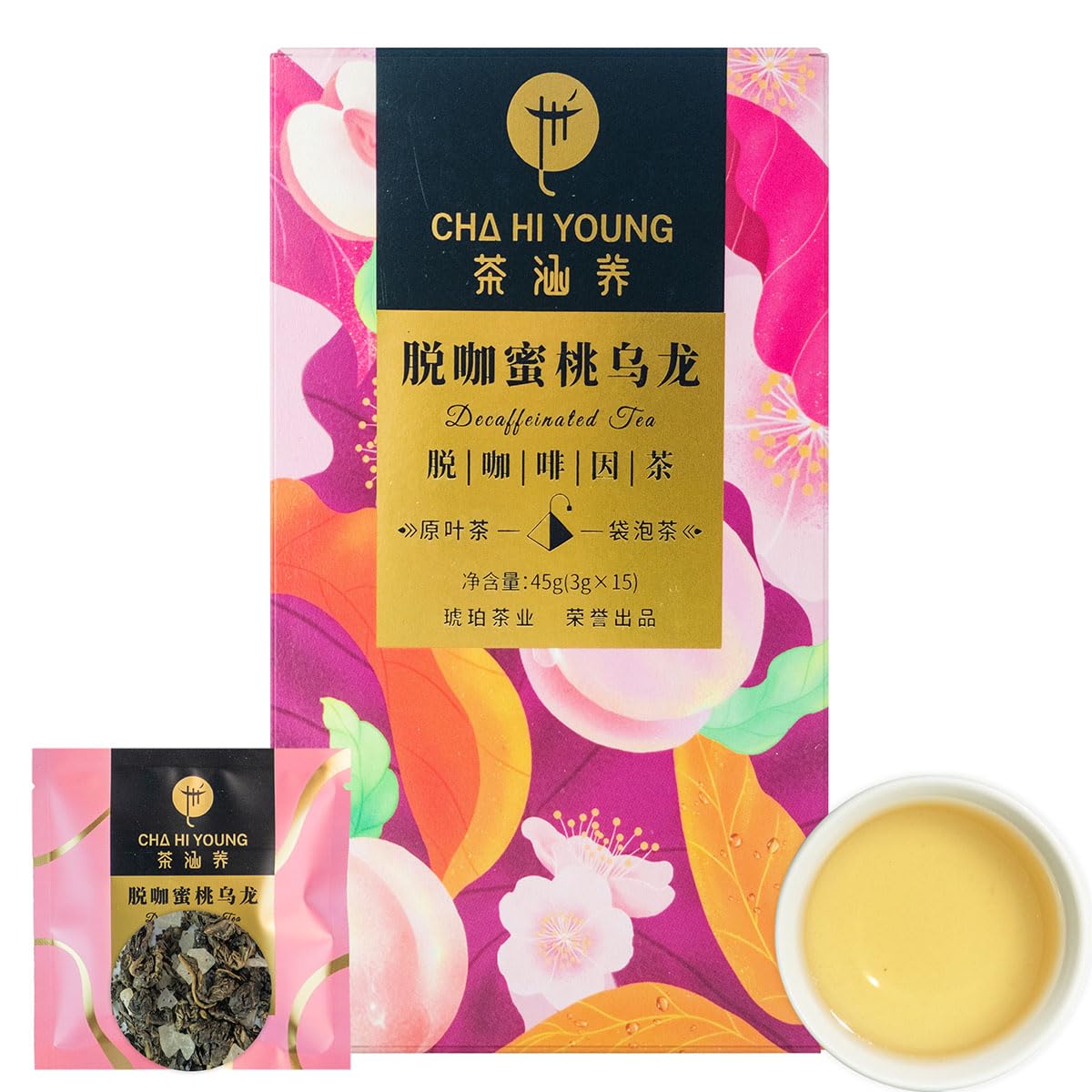 WT WEETEE CHA HI YOUNG Decaf Peach Oolong Tea Bags, Decaffeinated Oolong Loose Leaf, Diced Peach, Natural Peach Flavoring Perfect Blend, CO2-Decaffeinated, Drink All Day, 15 Count