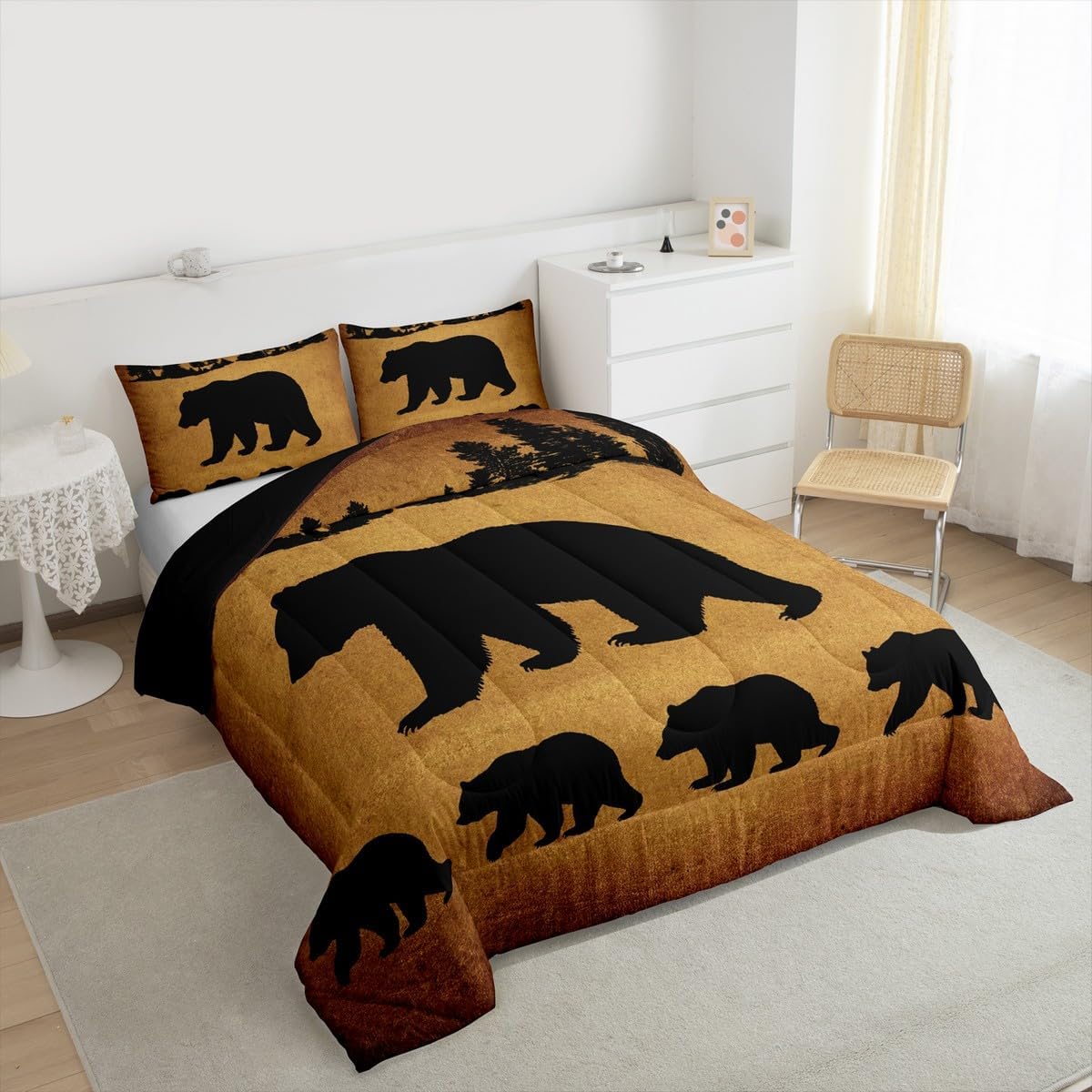 Black Bear Bedding for Boys Girls Kids, Woodland Animal Twin Comforter Set, Jungle Pine Tree Bedding Comforter Sets, Grunge Retro Vintage Quilt Wildlife Nature Safari Room Decor Messy Rust Brown