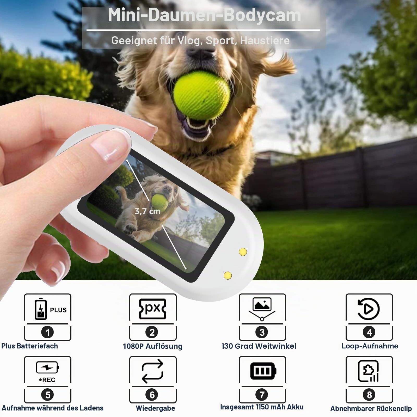 ydi Tragbar 1,47'' Bildschirm Daumen Mini 1080P Körper/Sport/Haustiere Kamera, Doppelter Akku mit Magnetischem Ladefach, Hundehalsband, 32G Karte (Weiß)