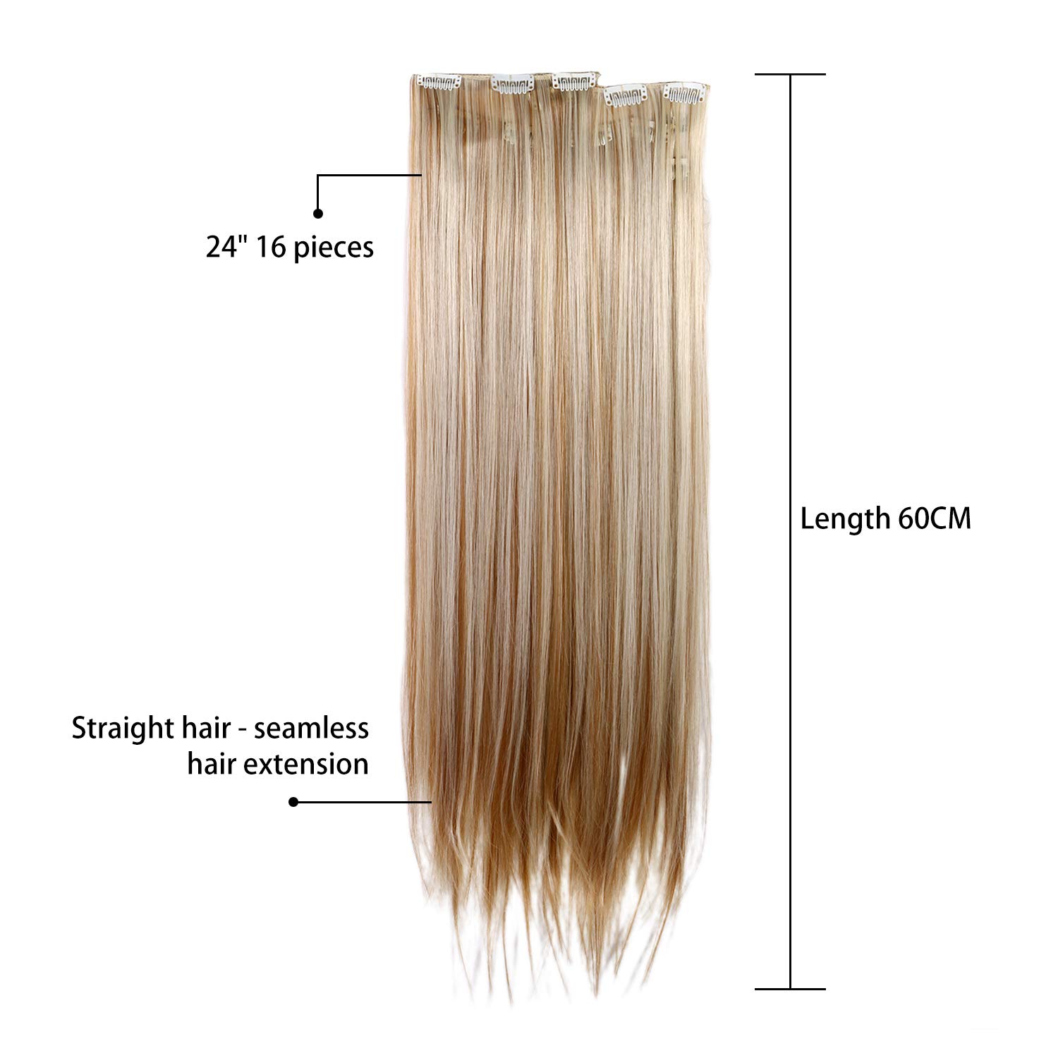 24 inch 16 clips hair extension clip in Remy Human Hair Clip-in Extensions Straight Ombre Golden  main image 3