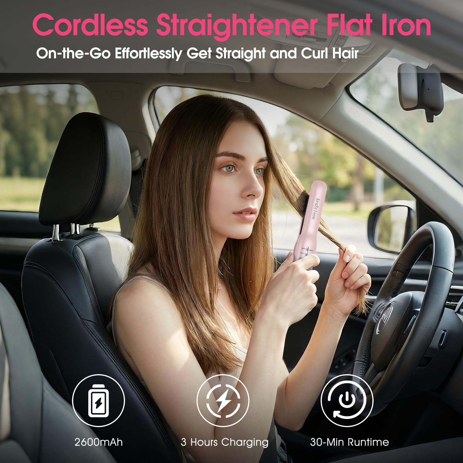 Piastra per capelli senza fili, da viaggio, per capelli corti, rosa | Mini ferro piatto portatile portatile ricaricabile da viaggio compatto