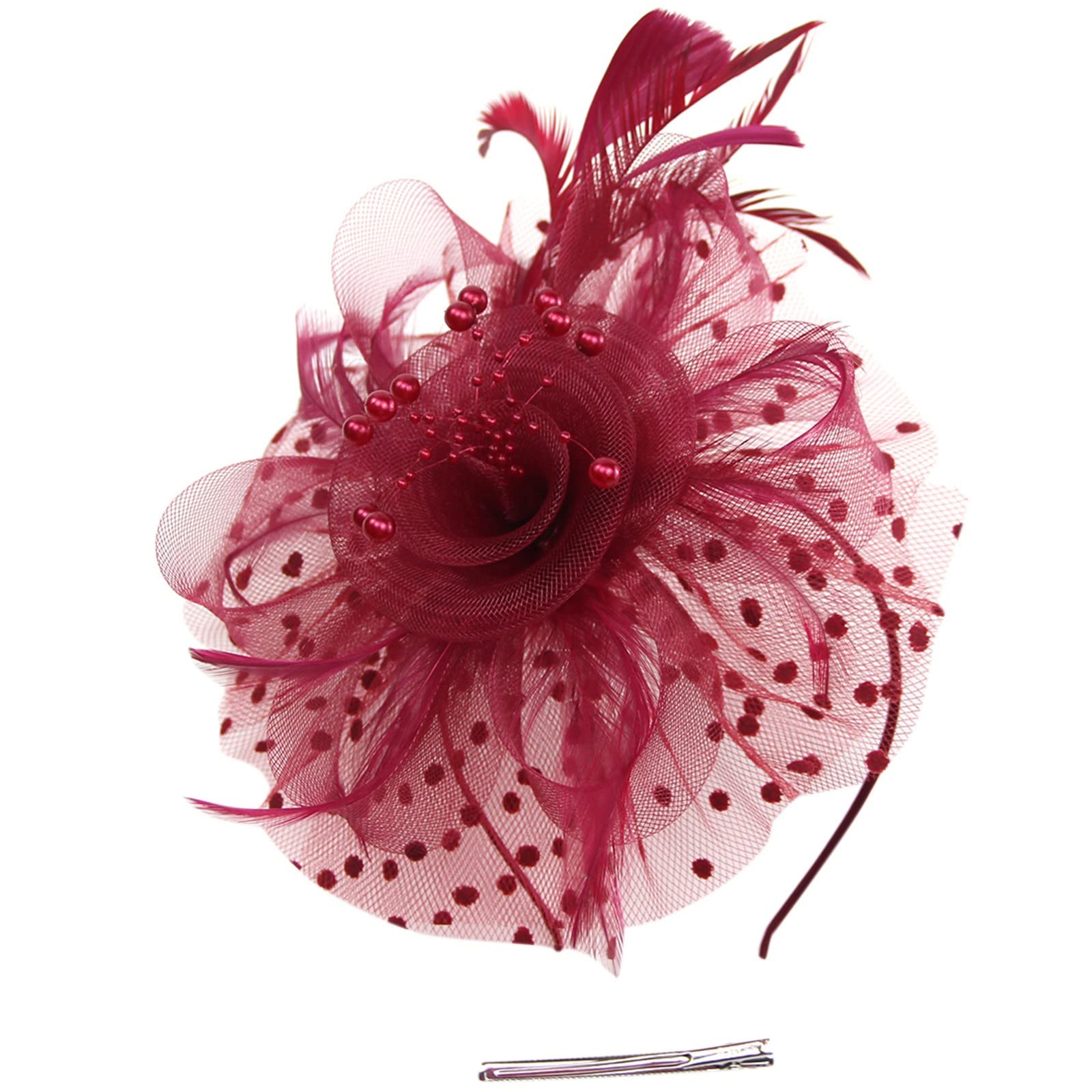Cappello da donna, per matrimonio, cocktail, fiori, piume, fermaglio per capelli in tessuto morbido (blu navy, taglia unica