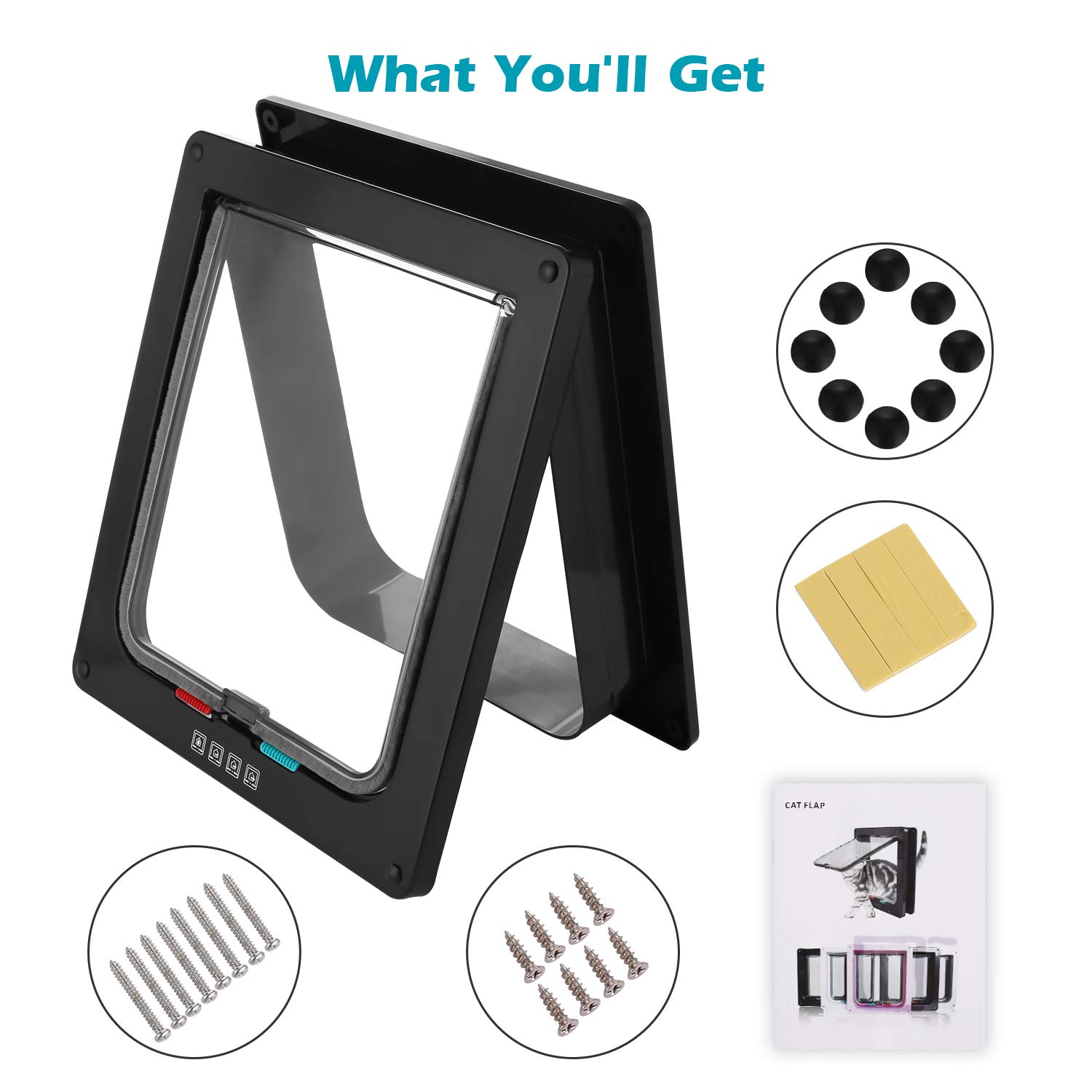 Porta per gatti con chiusura magnetica a 4 vie, porta per animali domestici per gatti e cani piccoli, porta per gatti con tunnel (nero, XL 24,5 x 28,5 x 5,5 cm)