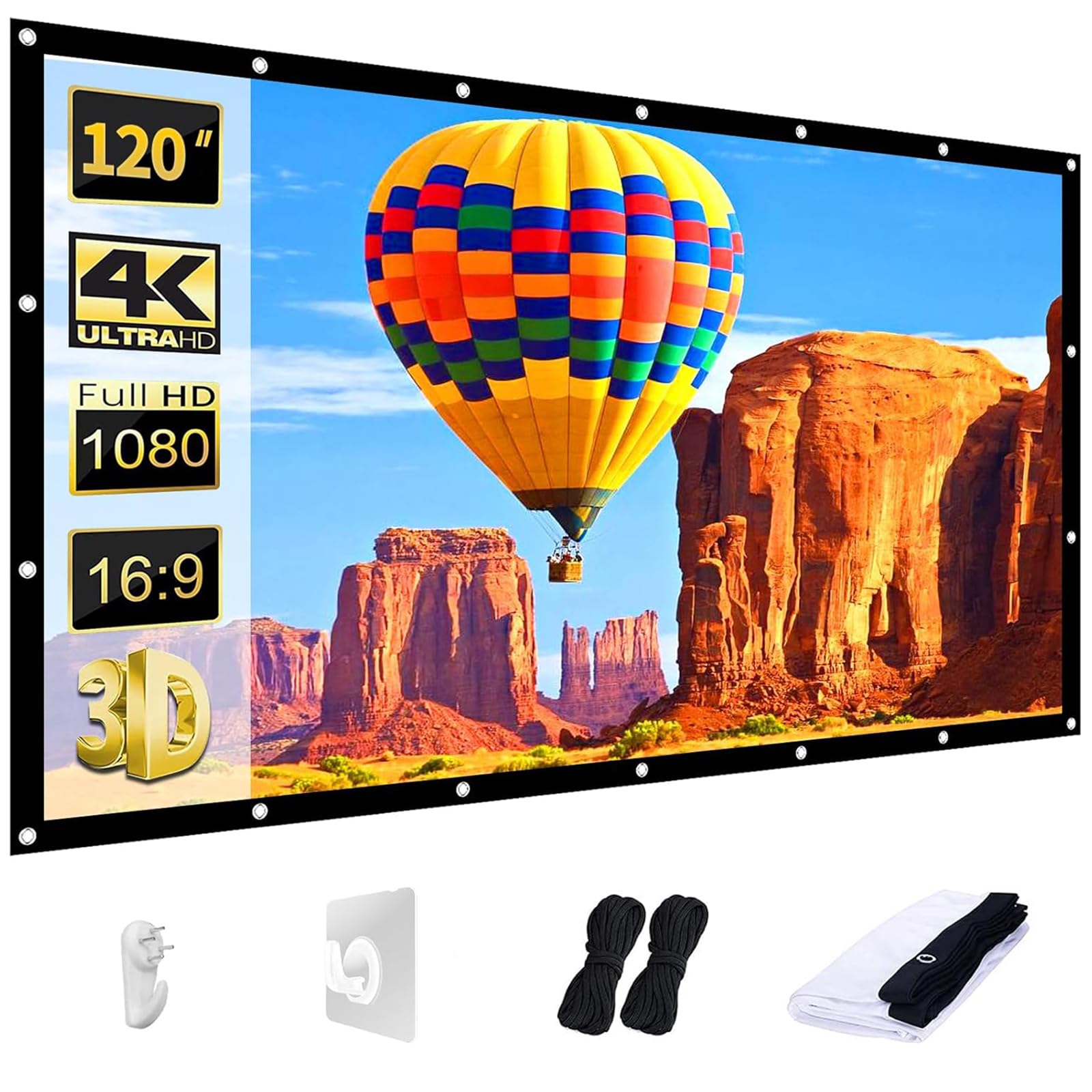 AAJK Projection Screen 120 inch, Washable Projector Screen 16:9 Foldable Anti-Crease Portable Projector Movies Screen for Home Theater Outdoor Indoor Support Double Sided Projection 120'