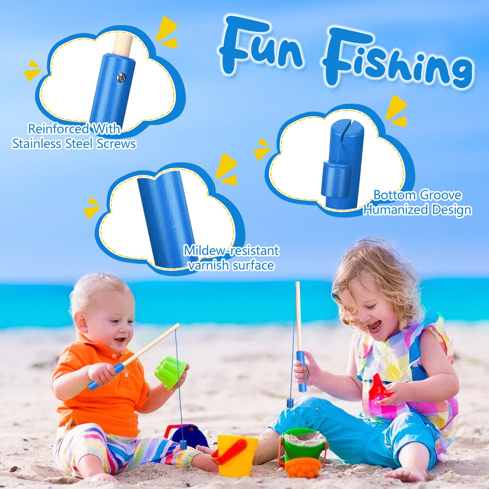 Sumind 6 Pcs Magnetic Fishing Pole Wooden Magnetic Fishing Rods for Kids with Magnet Hooks Summer Game Toy Beach Pool Activity Gifts for Kindergarten Girl Boy(Blue,Column) : Toys & Games