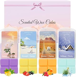 Wax Melts, Wax Cubes Strong Scent for Relax, 2.5 oz 4-Pack, Scented Wax Melts for Warmer - Strawberry Blackcurrant/Green Tea Lemon/Raspberry Orange/Ocean Grass Bellflower