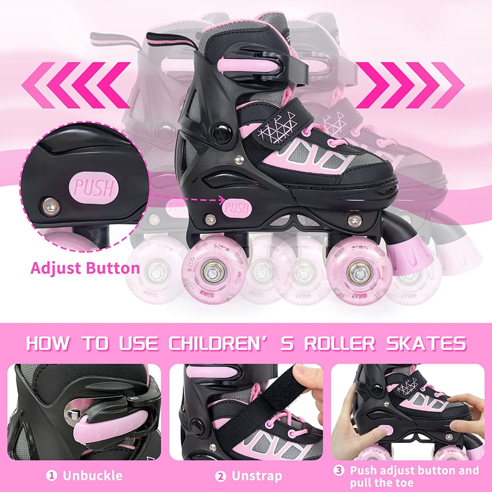 MammyGol Roller Skates for Kids Boys Girls, Adjustable Quad Skates with Light Up Wheels for Toddler Little Kids Ages 6-12, Beginners Outdoor Sports