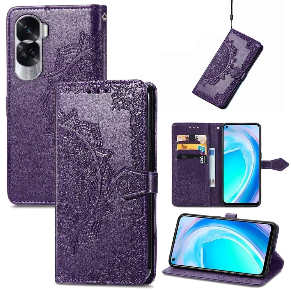 Custodia HONLEN A Portafoglio Per HONOR X8a Con Stampa Mandala - Pelle PU Magnetica Con 3 Slot E Supporto, Viola - 3