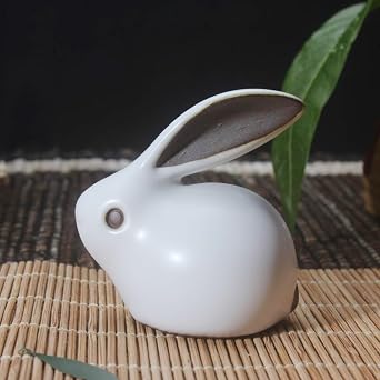 Chinese Tea Pet - Mini Ru Kiln Ceramic Rabbit TeaPet, Handmade Zisha Clay Lucky Charm for Gongfu Tea, Home Decoration & Gift (White, 4.7x3.7x5.3cm)
