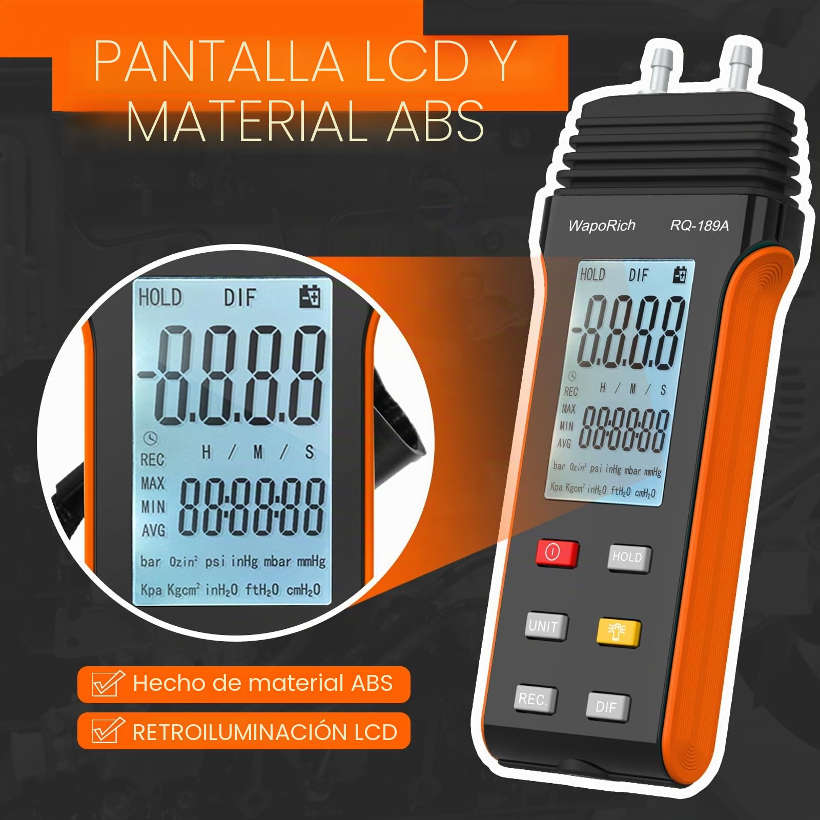 Medidor de Presión Diferencial, WapoRich Manómetro Digital ±13,79 kPa con Doble Puerto, 11 Unidades, Medidor de Presión de Aire del Manómetro Diferencial de Presión para HVAC RQ-189A