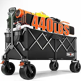 Overmont Vagão dobrável de 300 L – Carrinho utilitário de praia resistente com rodas largas giratórias bolsos internos para acampamento, jardim, compras, esportes – Carga de 199 kg
