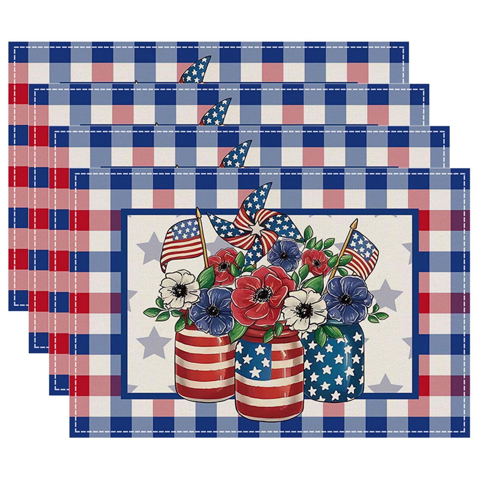 4th of July Buffalo Plaid Vases Flowers Placemats of 4 Pcs, 12x18 Inch Seasonal Holiday Table Mats for Memorial Day, Veterans Day, Independence Day,