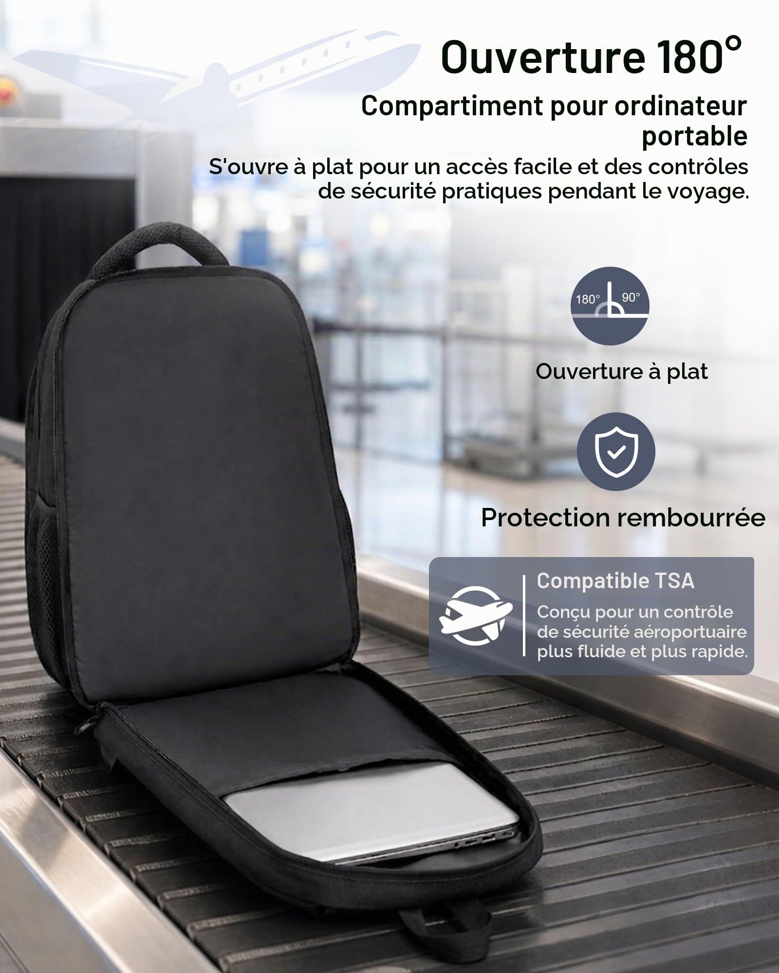 Sac à Dos Ordinateur Portable 15,6 Pouces Homme Femme, Noir | Ouverture 180°, Compartiment PC Rembourré, Poche Antivol, Multiples Poches, Dos Respirant, Bureau, Université, Voyage
