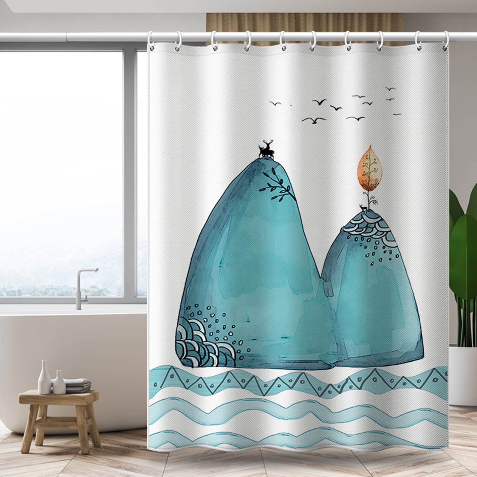 Rideau douche anti moisissure KnSam sommet montagne bleu 180x180 lavable en polyester