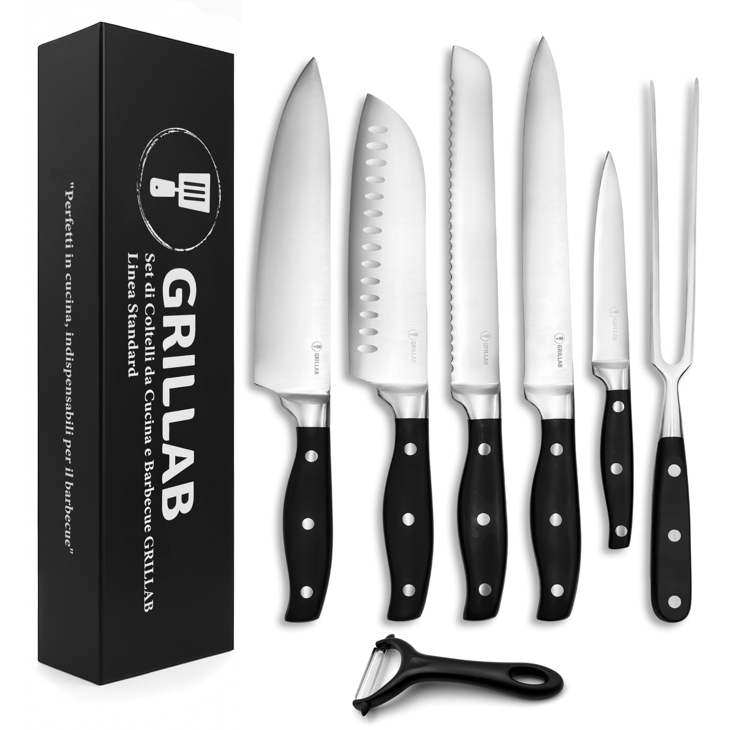 Set Coltelli da Cucina Professionali in Acciaio Inox Ultra Affilati, 7 Pezzi, Manico Ergonomico e Antiscivolo Nero, Pelapatate e Forchettone da Barbecue