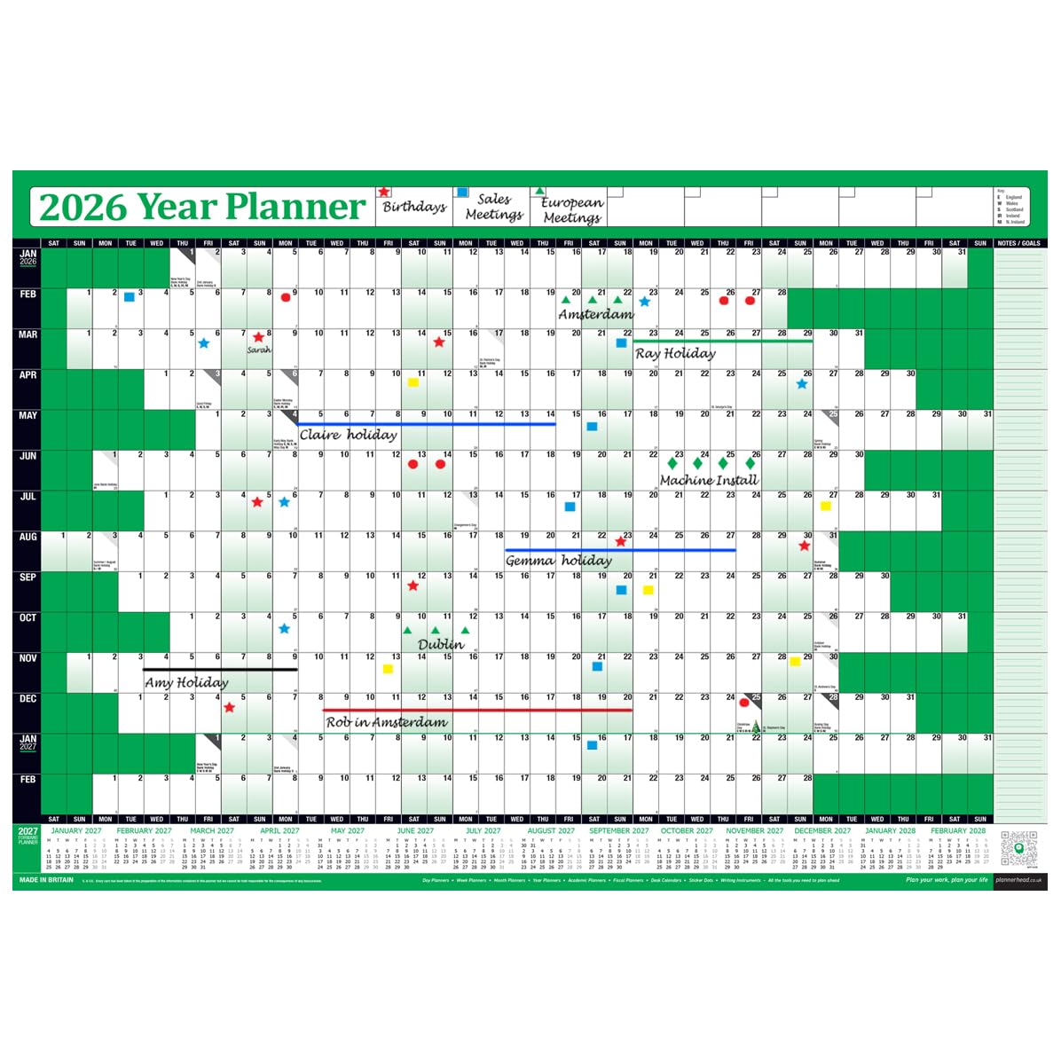 PlannerHead 2026 Wall Planner Green | Yearly Calendar 2026 for Students, Families, Businesses, Offices | UK & Ireland Bank Holidays | Unmounted & Unlaminated (Green, Medium 35cm x 49cm - Folded)