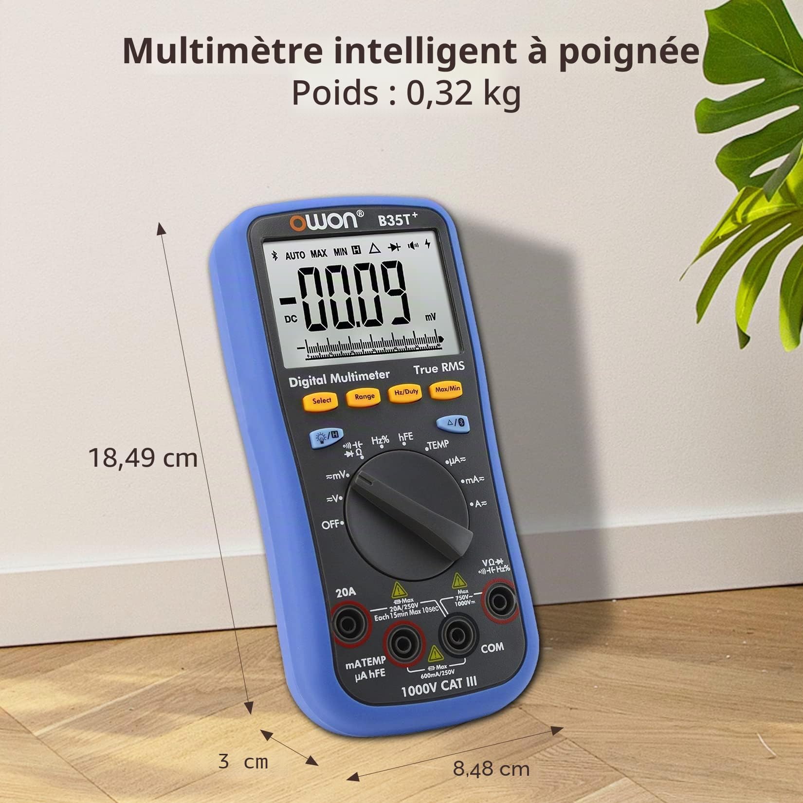 OWON B35T+ Multimètre numérique Bluetooth, 6000 comptages multimètres, Voltmètre Ampèremètre Ohmmètre Vérificateur de circuit avec fils de test LCD rétro-éclairés, Enregistreur de données T-Rms NCV