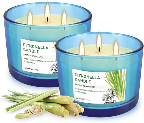 Velas de citronela grandes de 3 mechas de 2 x 14 onzas, de larga duración hasta 30 horas, vela de soja natural perfumada para jardín, campamento,