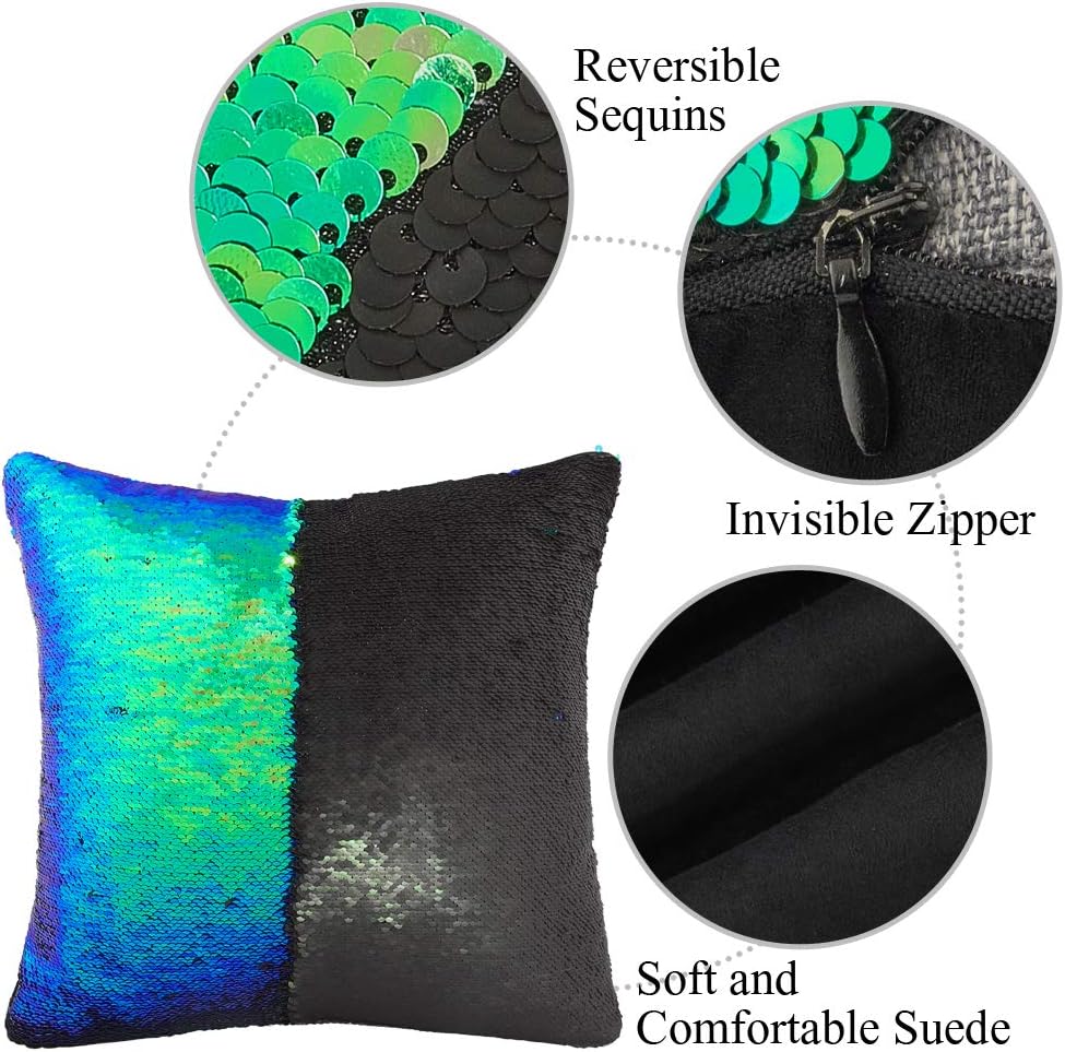 Play Tailor Sequin Pillow Cover Cushion Covers 16x16in Flip Sequins Decorative Throw Pillow Case, Black and Fantasic Green