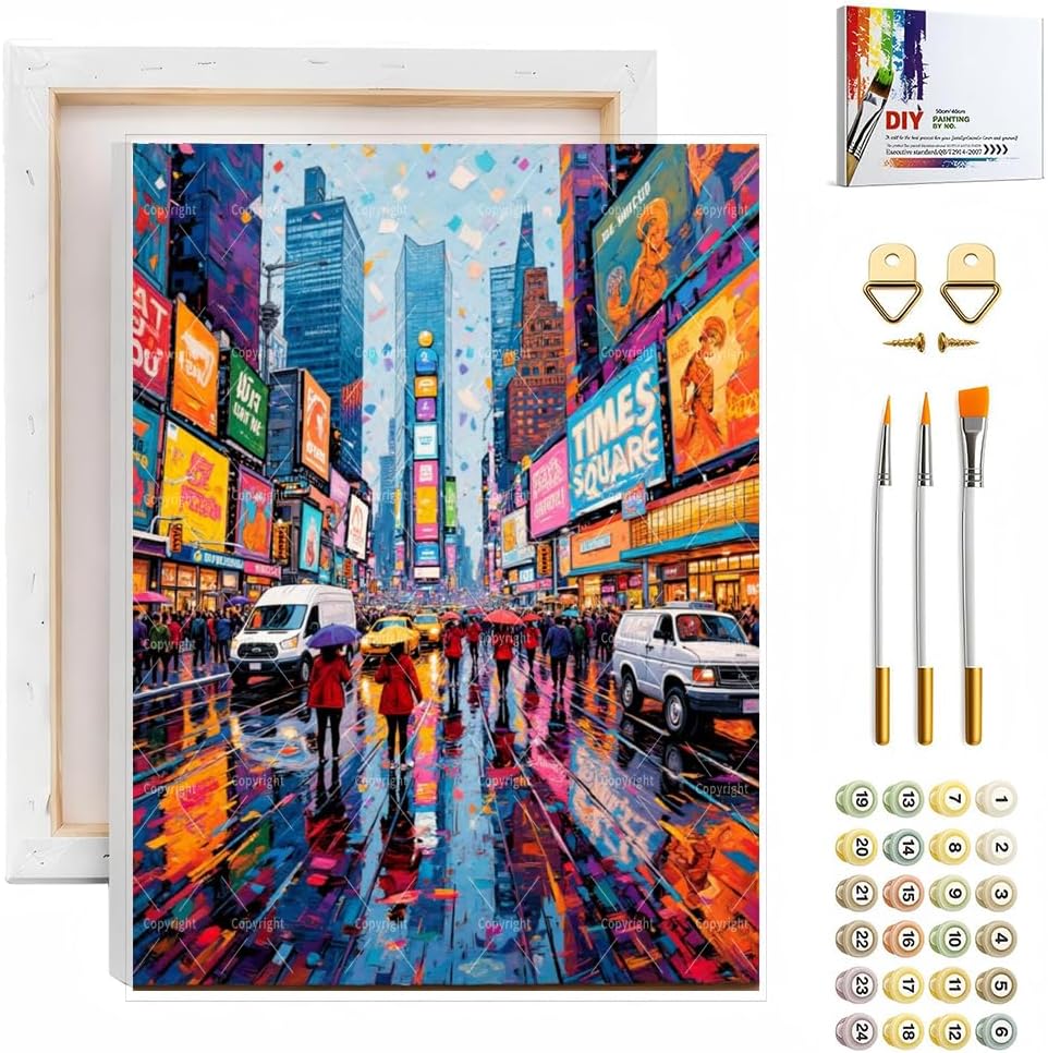 Sceorixa Times Square Paint By Numbers Kit for Adults - DIY New York Cityscape Painting On Canvas, Acrylic Paint Set, Suitable for Beginners, Art for Home Decoration Or Gifts(16X20IN Framed)