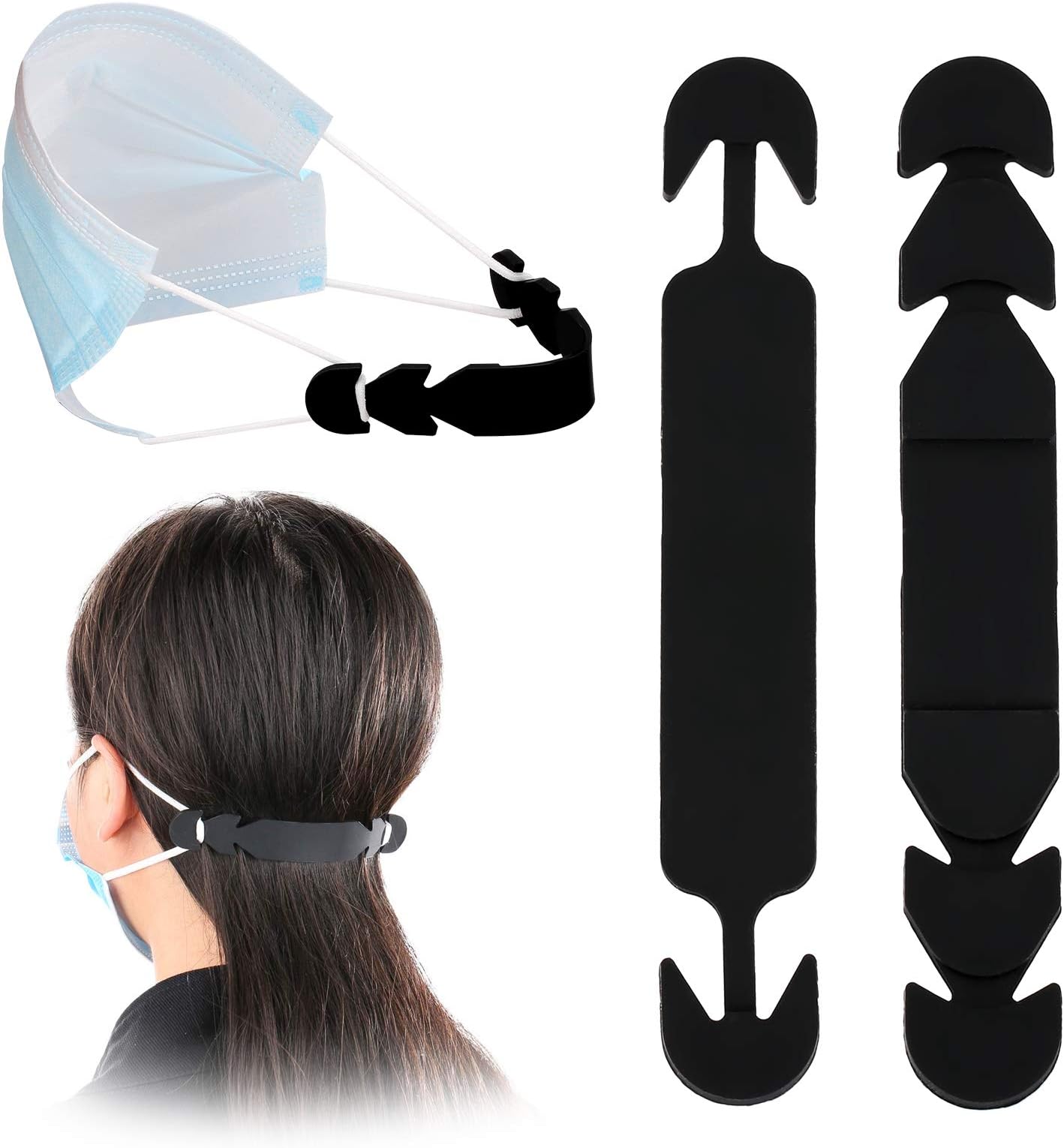 2Pcs Silicone Anti-Slip Extension Hook Buckle Ear Grips Hook for Ear Protection Reusable 2 Gear Adjustable Extension Hook Ear Straps for Adults Children (Black)