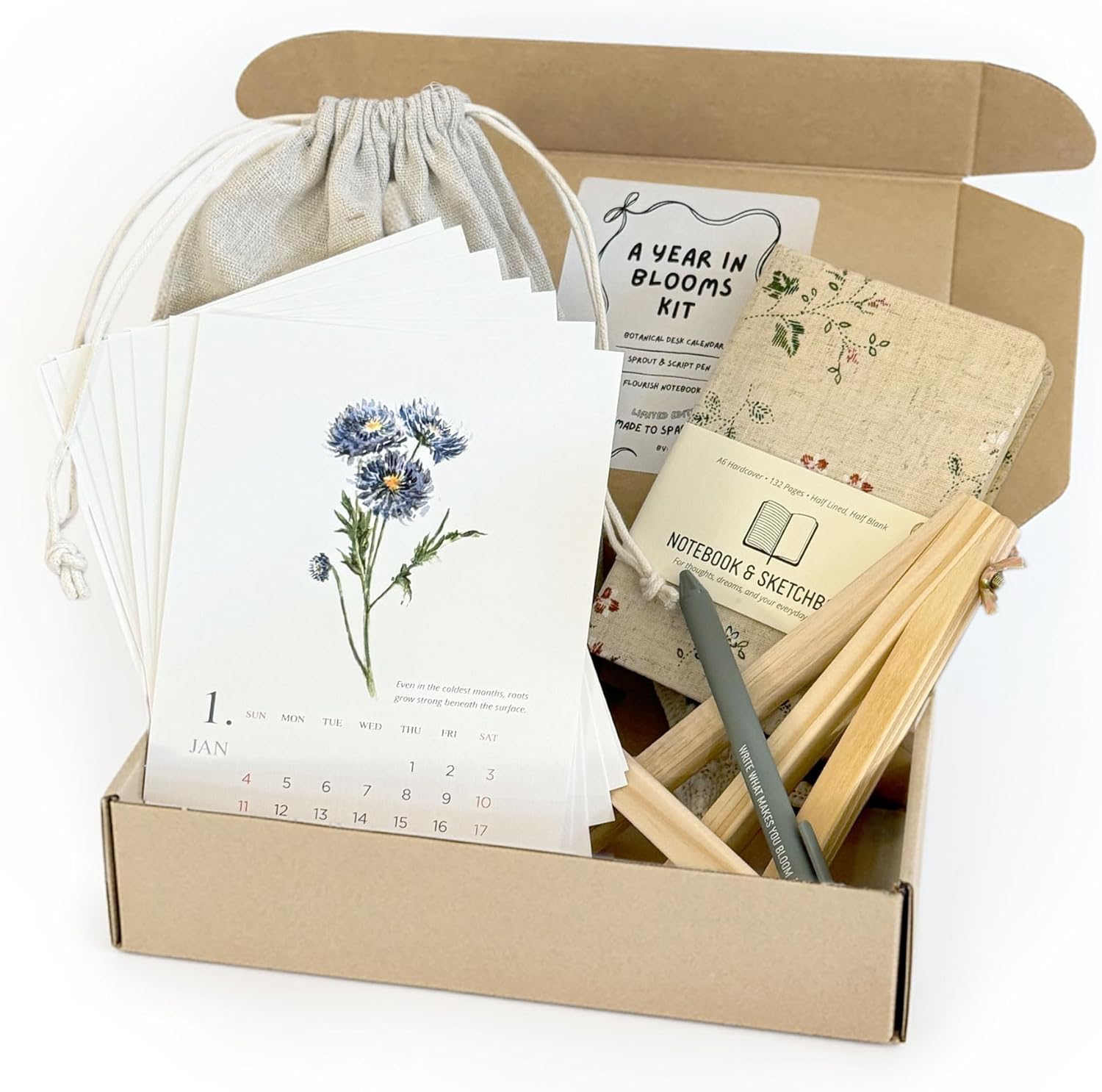 2026 Botanical Calendar Gift Box – Watercolor Floral Desk Calendar with Wooden Easel, Floral Notebook, Inspirational Pen – Made in USA – Holiday New Year Gifts for Women, Nature & Flower Lovers