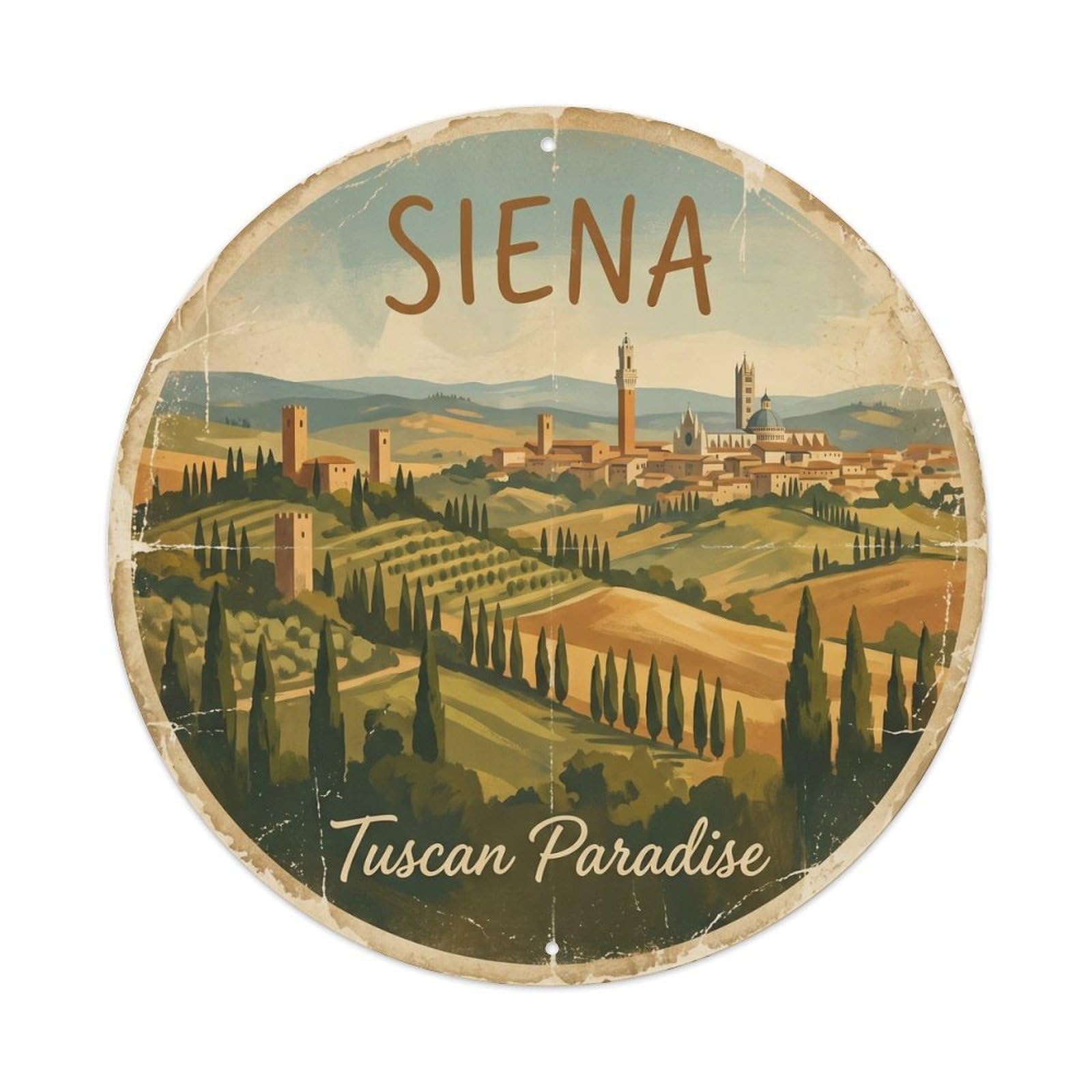 Vintage Travel Siena Hills Italy Metal Tin Sign Plaque Wall Decor for Cafe, Club, Garden Round Metal Poster 8x8Inch