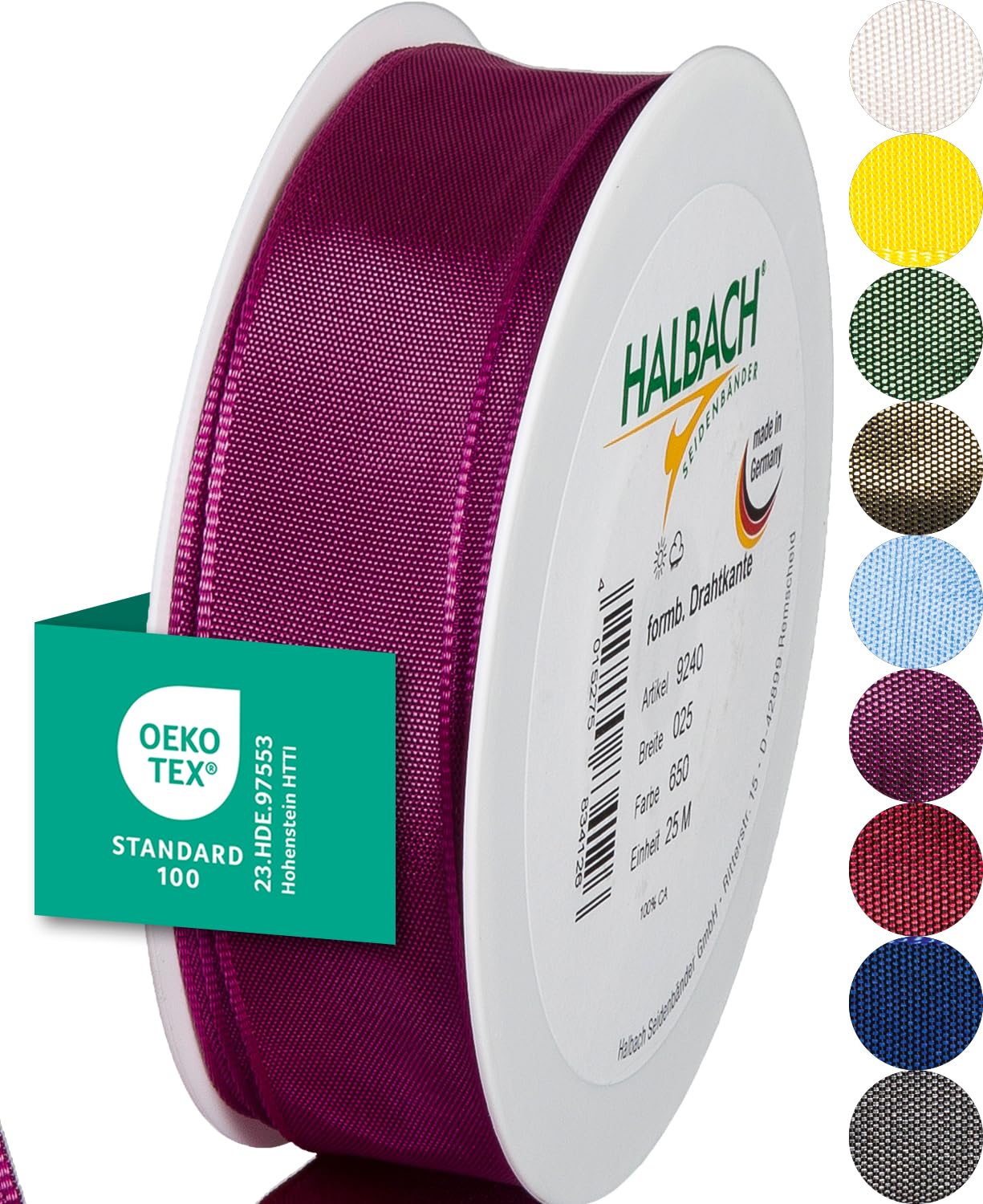 Halbach Seidenbänder Premium Geschenkband mit Drahtkante | Breite 25mm Länge 25m | Öko-Tex 100 zertifiziertes Schleifenband | Taftband Made in Germany, Farbe: berry