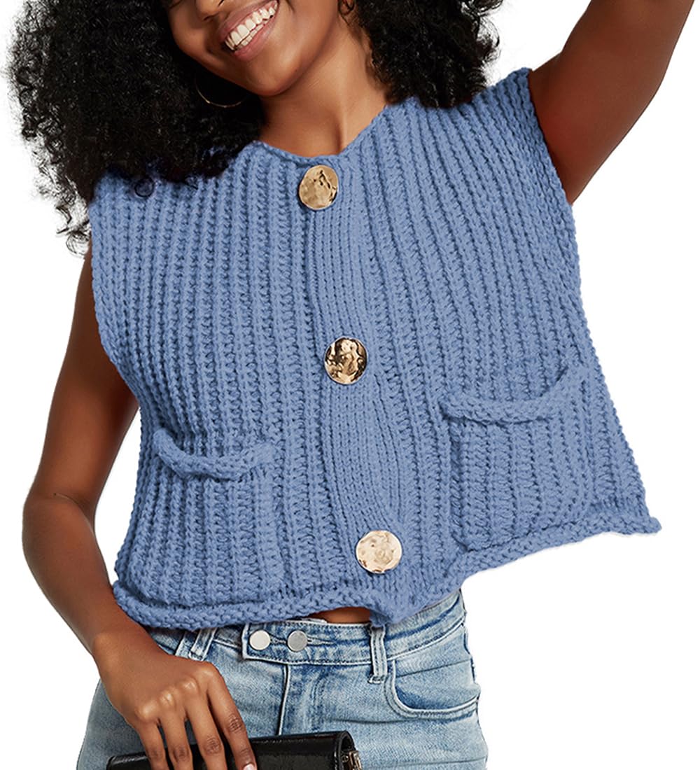 Pull sans Manche Femme Pull Court Col V Gilet Femme Gilet Tricoté Veste Couleur Unie Sweater Casual Basique Élégant Cardigan Tricoté Printemps Automne