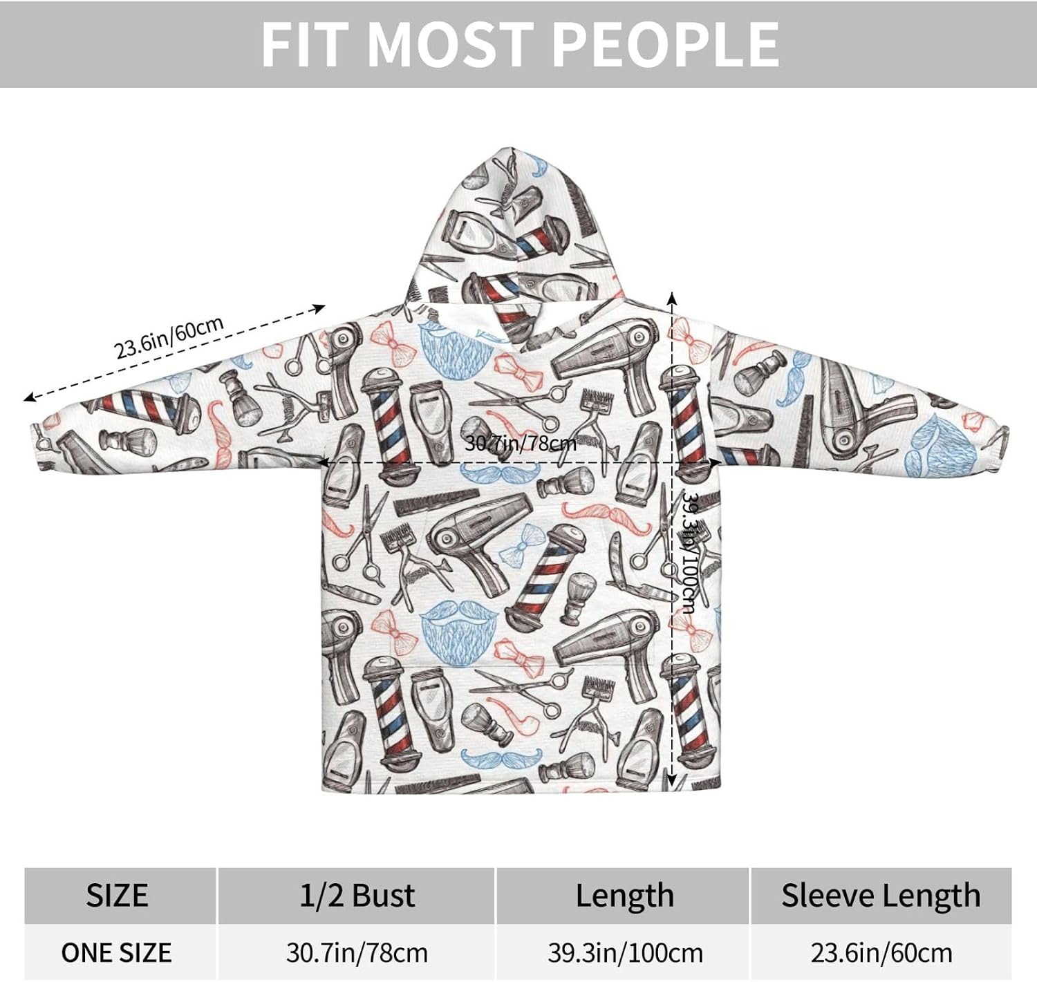 Barber Supplies Patternprint Oversized Hoodie Blanket, Super Soft Warm Comfortable Hoodie, Wearable Blanket Adult
