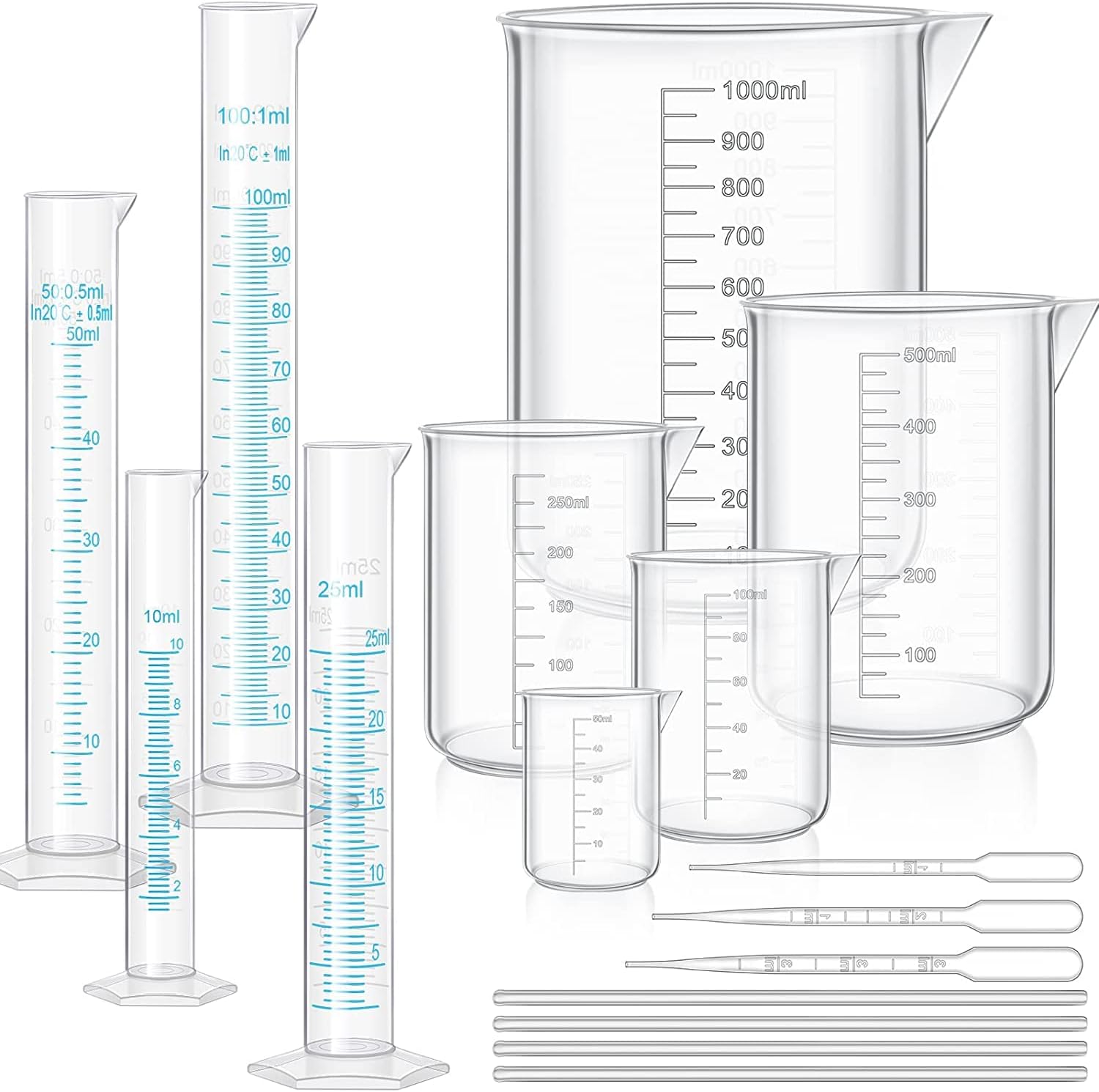 Plastic Graduated Cylinder Beaker Set, Thick Lab Cylinders (10 ml, 25 ml, 50 ml, 100 ml), Beaker (50 ml, 100 ml, 250 ml, 500 ml, 1000 ml) with 3 Plastic Dropper 4 Stirring Rod 7.9 Inch