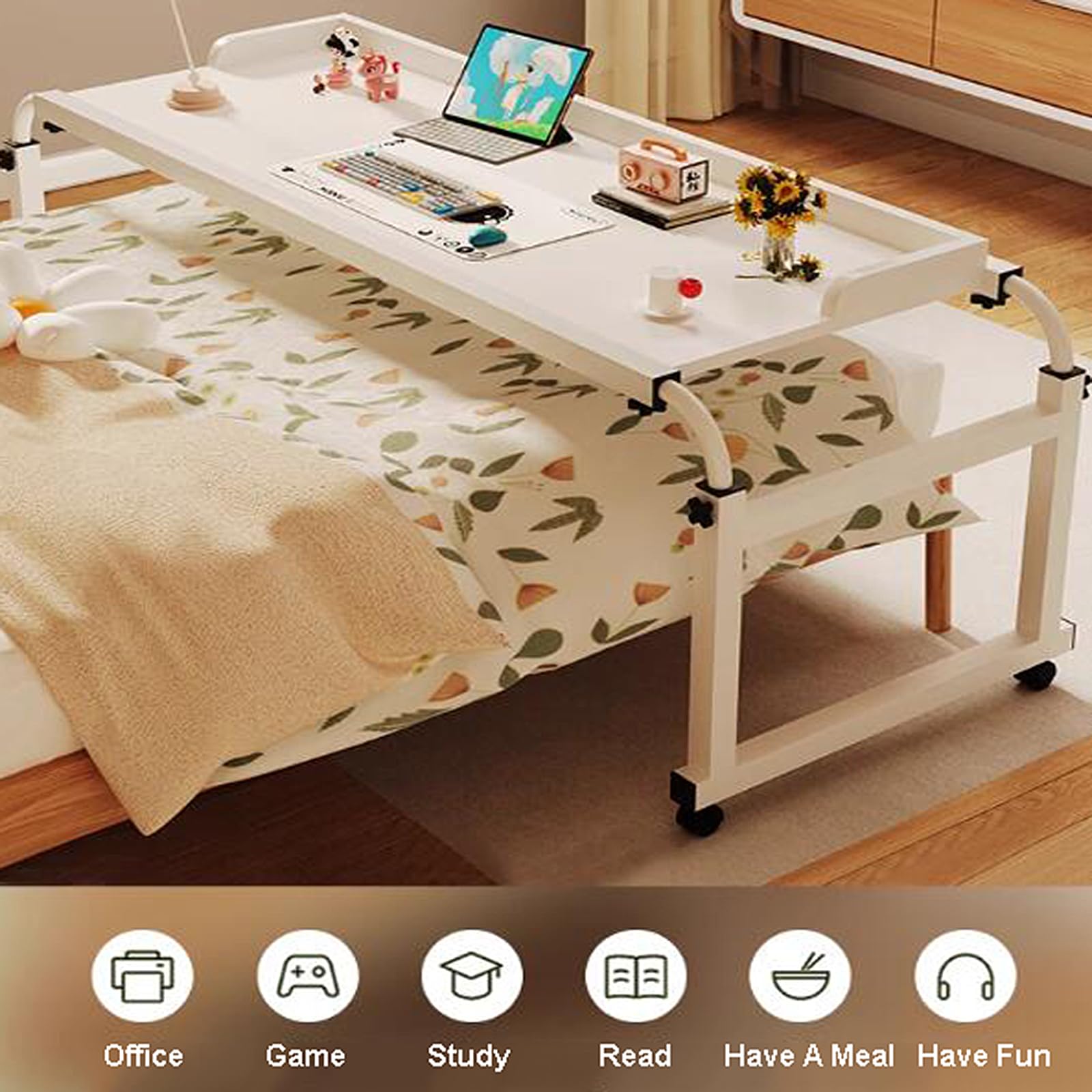 115-210CM Tavolino da Letto e Divano, Ruote Scrivania per Laptop Tavolino Serviletto Regolabile in Altezza 65-95CM Tavolino per Mangiare sul Letto (Color:Legno)