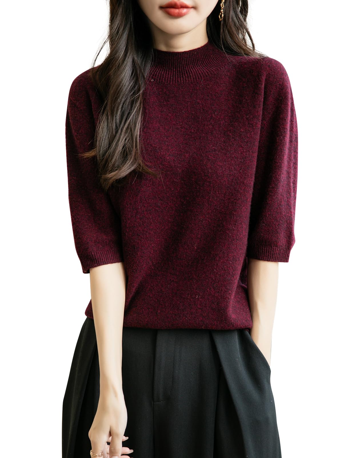 Chanyarn Womens 100 Merino Wool Spring Fall Winter First-Line Ready to Wear Seamless Knit Short Sleeve Mock Neck